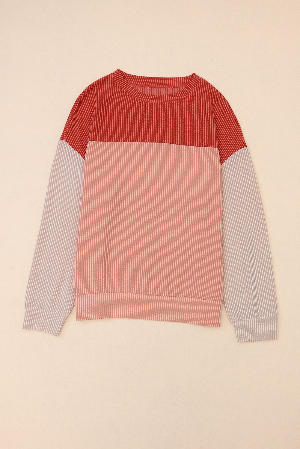 Fiery Red Color Block Long Sleeve Ribbed Loose Top