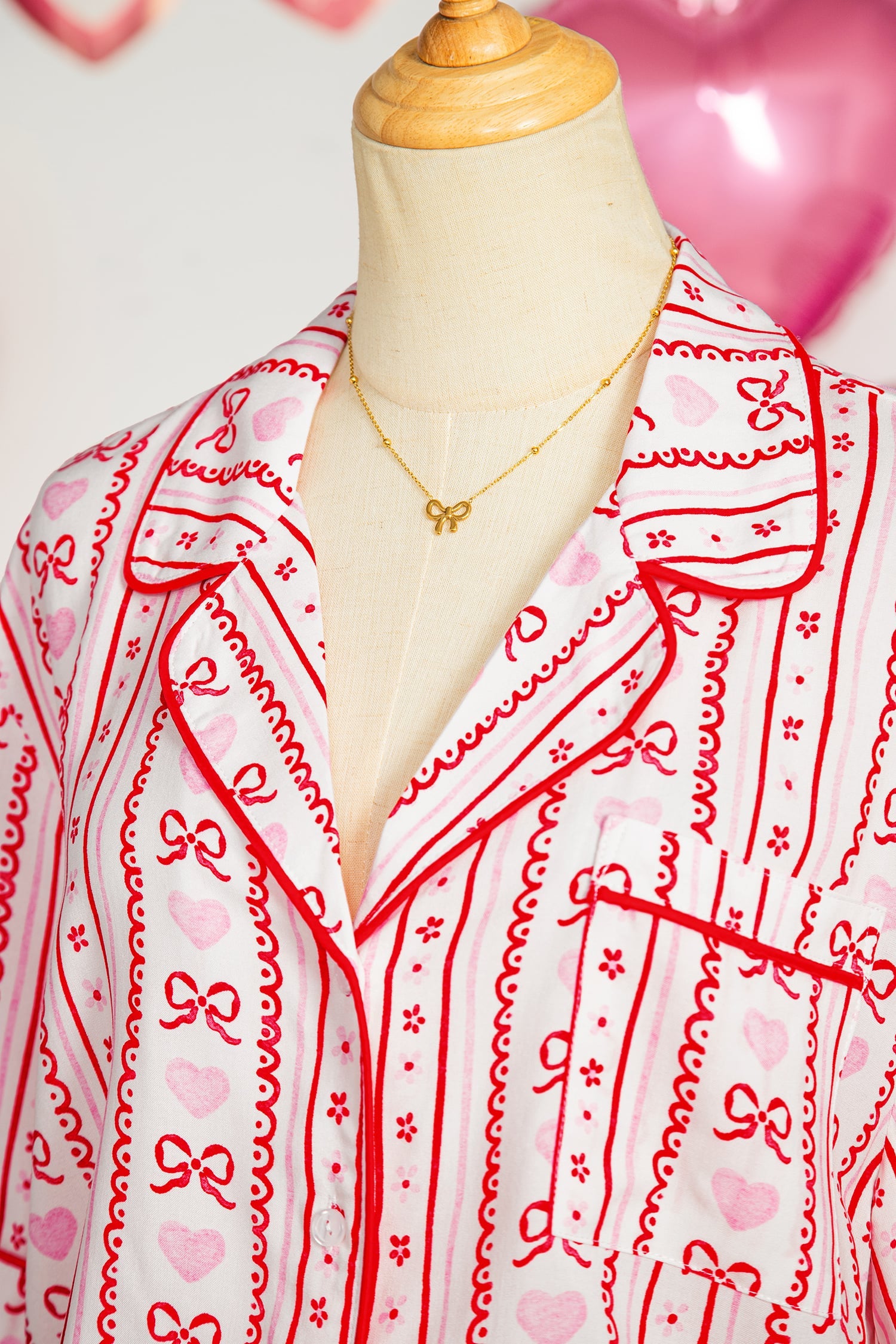 Red Cute Bow Heart Print Ribbon Decor Short 2pcs Pajama Set