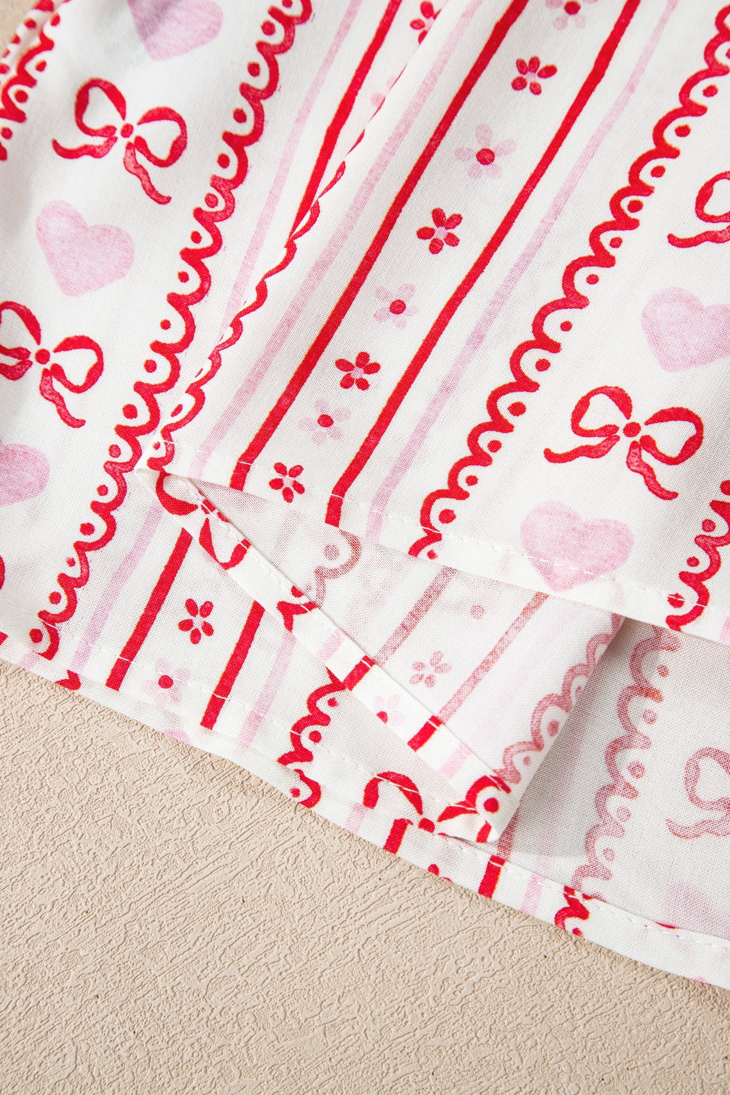 Red Cute Bow Heart Print Ribbon Decor Short 2pcs Pajama Set