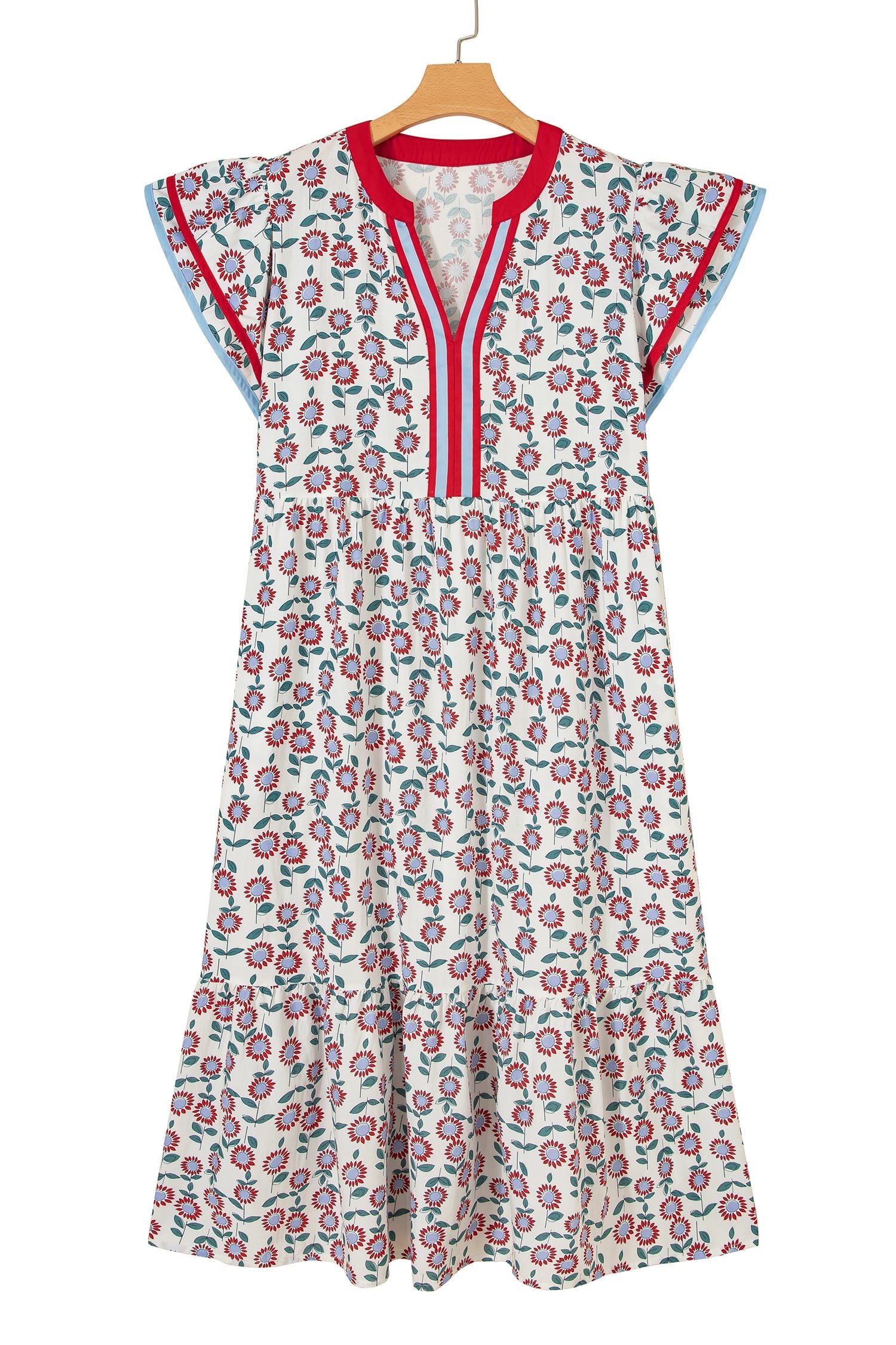 Red Cute Sunflower Printed Striped Patchwork Trim Flutter Sleeve Long Dress