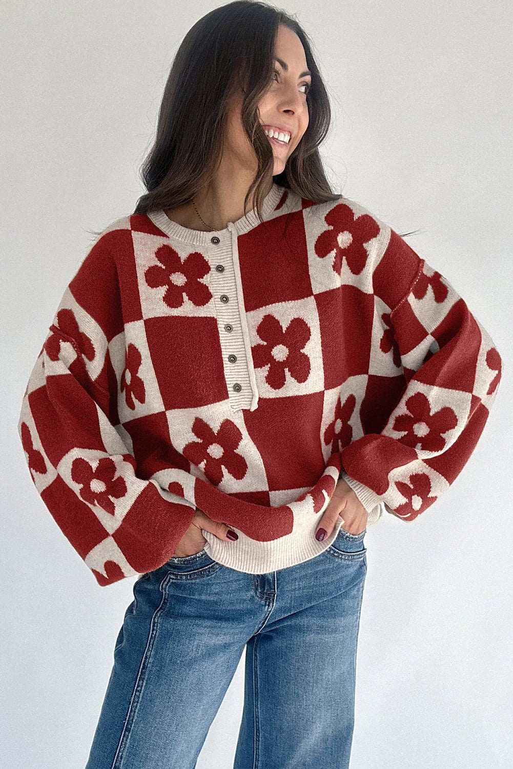 Red Dahlia Flower Plaid Henley Baggy Sweater