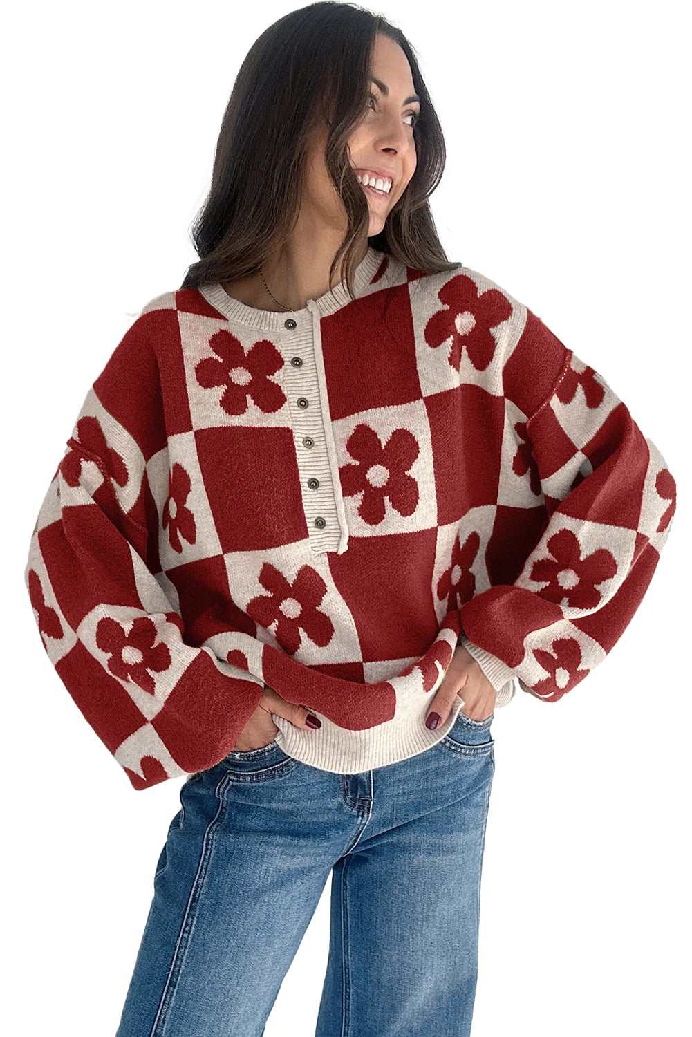 Red Dahlia Flower Plaid Henley Baggy Sweater