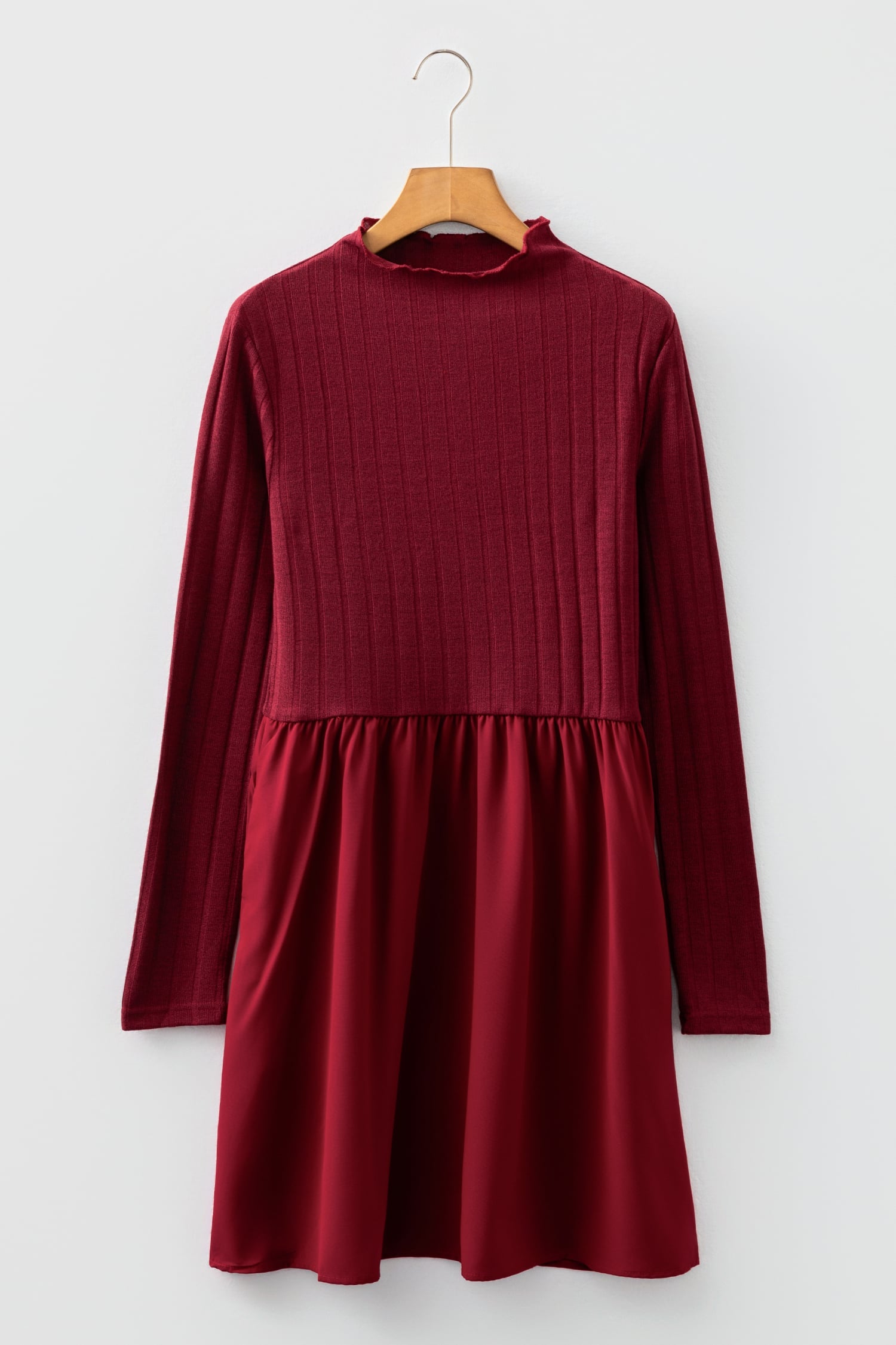 Red Dahlia Frilled Neck Ribbed Knit Patchwork Long Sleeve Mini Dress