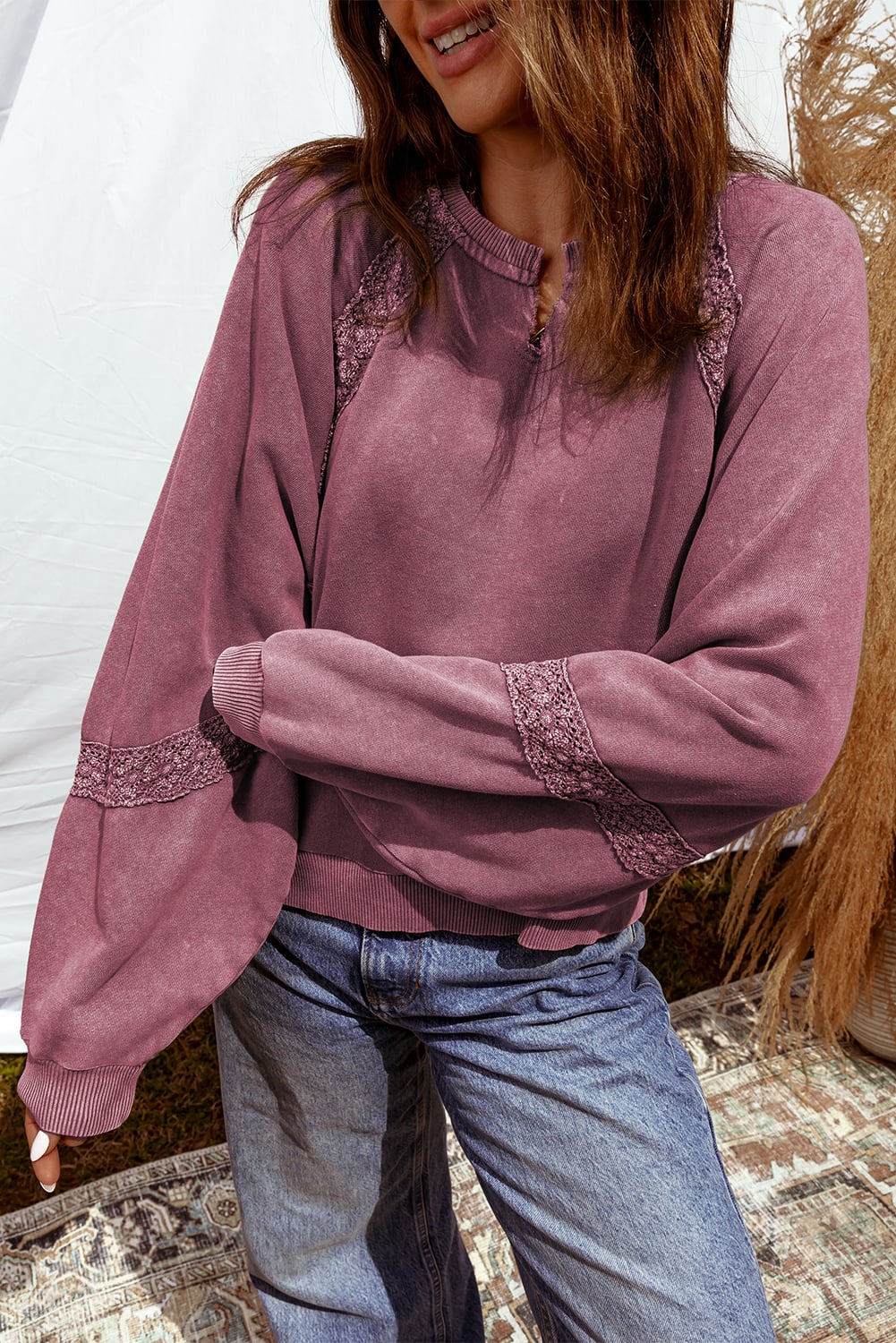 Red Dahlia Lace Patchwork Detail Notched Neck Mineral Wash Baggy Sweatshirt
