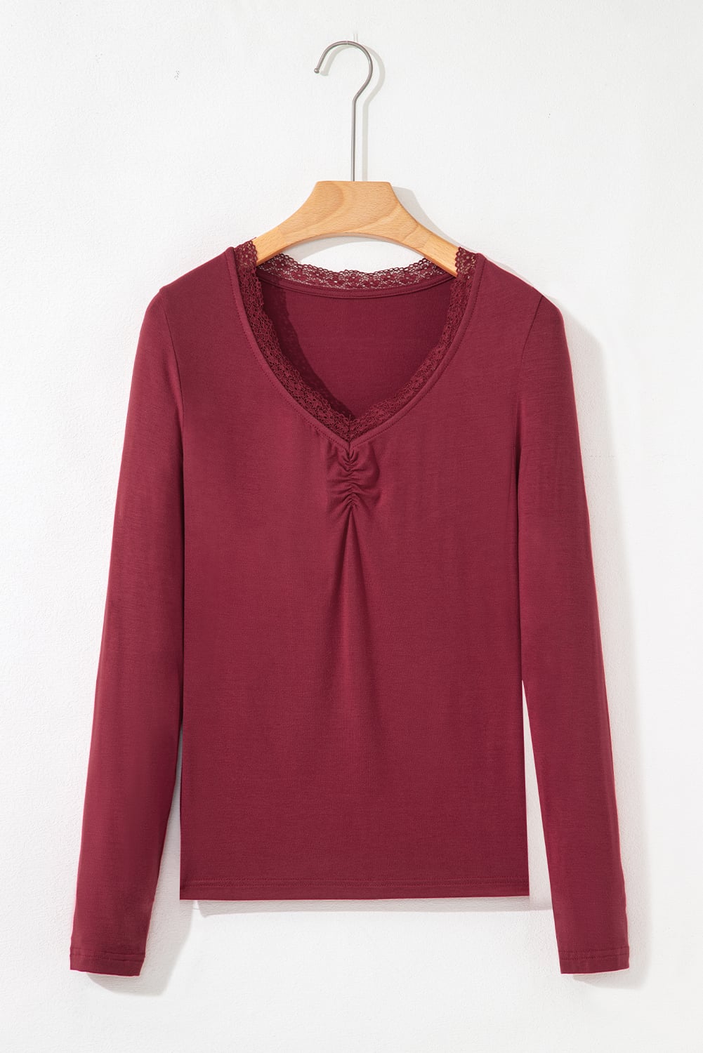 Red Dahlia Lace-trimmed Sweetheart Neckline Ruched Detail Long Sleeve T-shirt