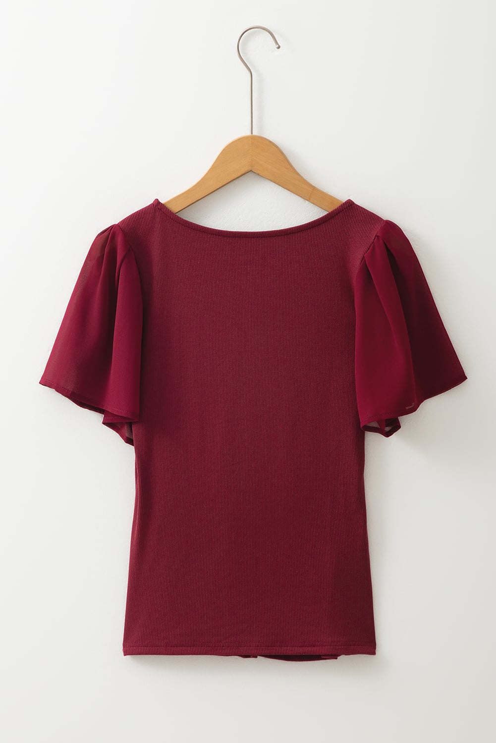 Red Dahlia Mesh Ruffled Sleeve Slim Fit V Neck Top