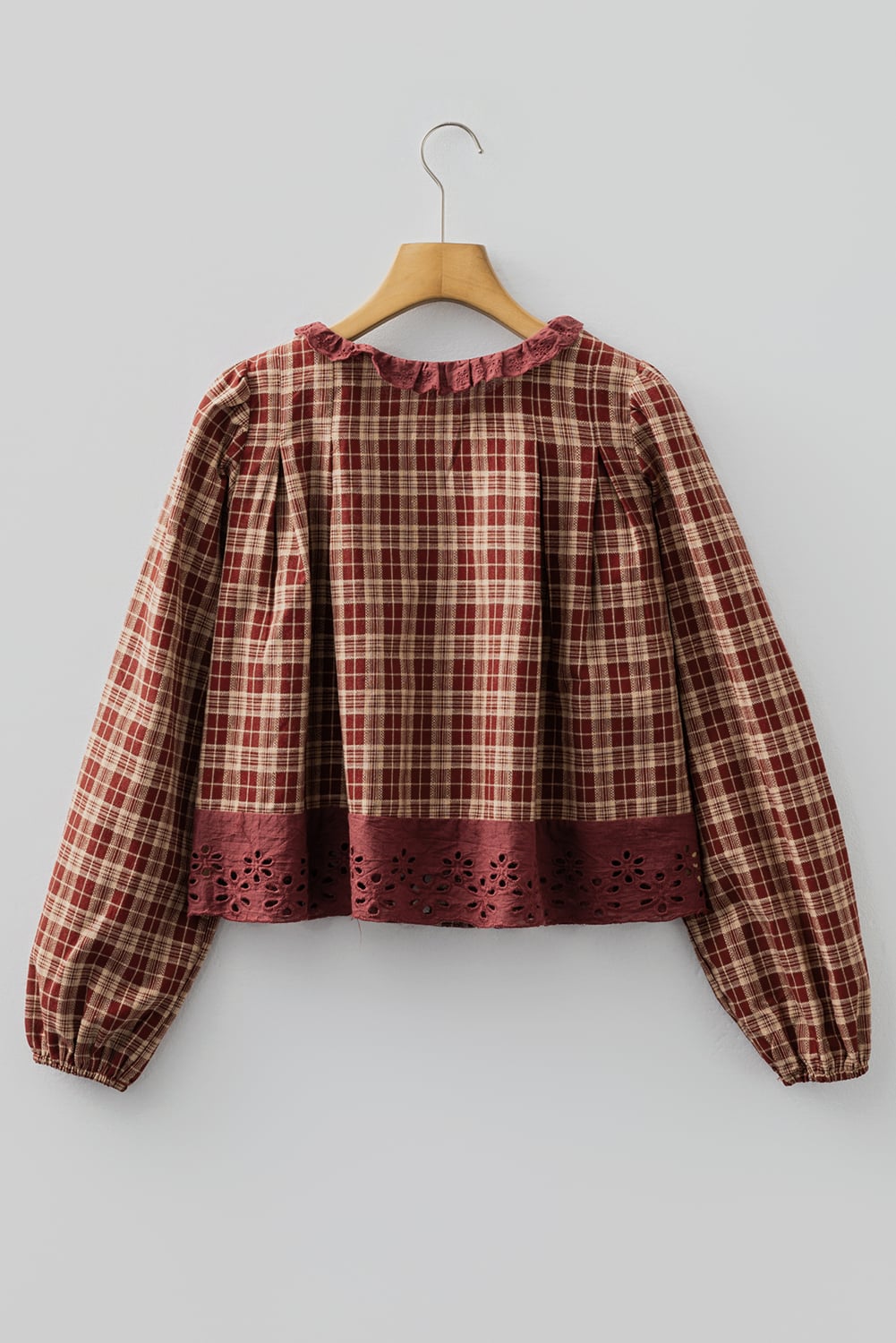 Red Dahlia Plaid Eyelet Lace Trim Button Down Loose Long Sleeve Shirt