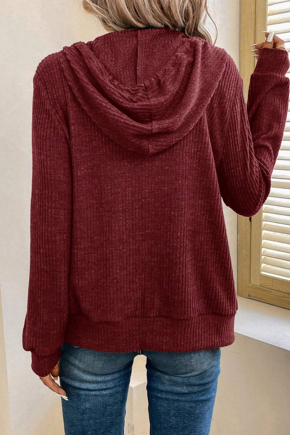 Red Dahlia Ribbed Zip Up Front Drawstring Hoodie
