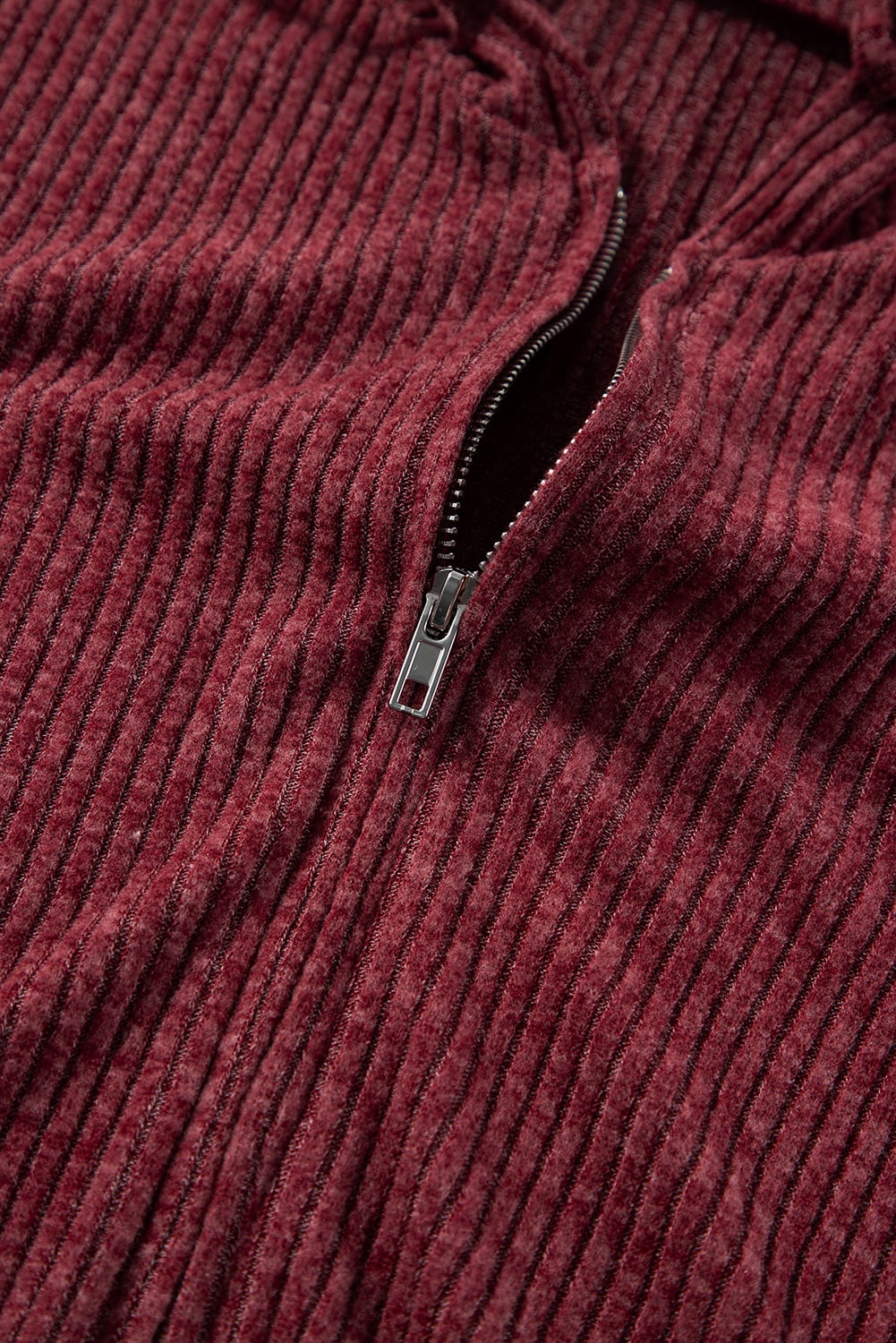 Red Dahlia Ribbed Zip Up Front Drawstring Hoodie