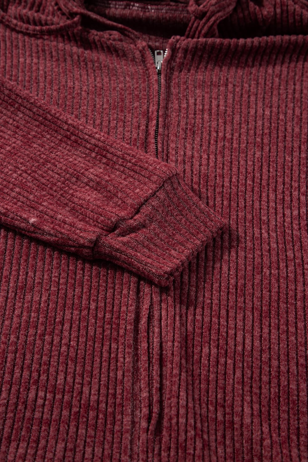 Red Dahlia Ribbed Zip Up Front Drawstring Hoodie