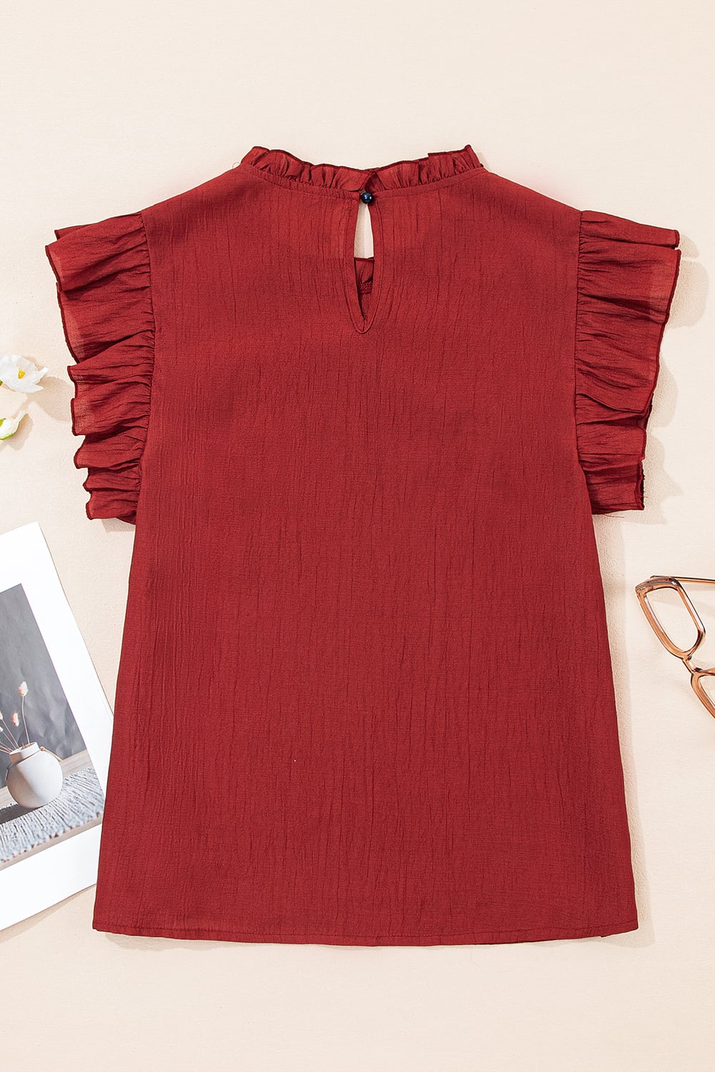 Red Dahlia Solid Color Pleated Detail Ruffle Short Sleeve Blouse
