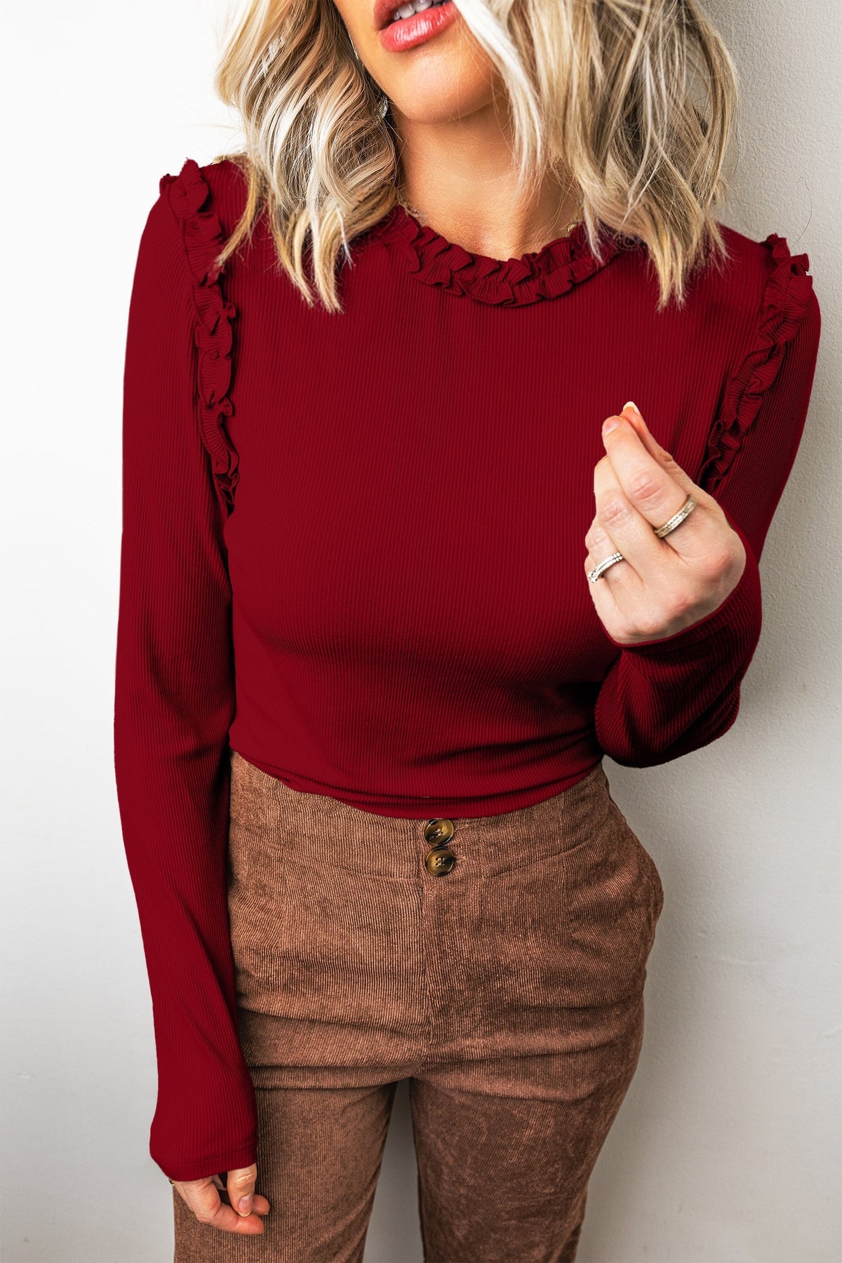 Red Dahlia Solid Color Round Neck Frill Detail Long Sleeve Top