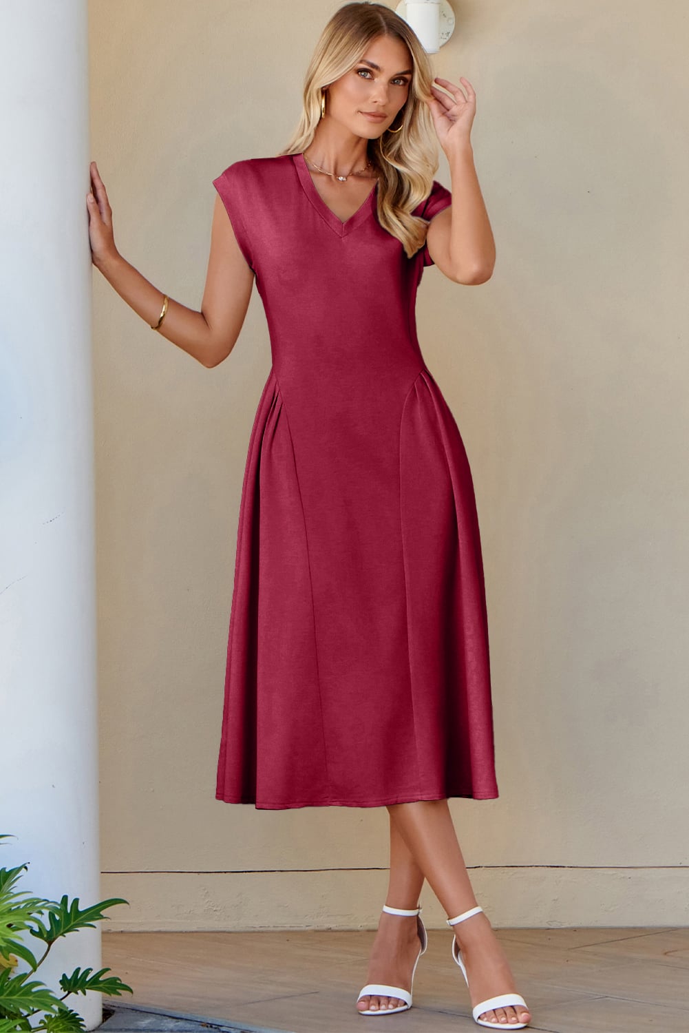 Red Dahlia Solid Color V Neck Pleated Flared Midi Dress