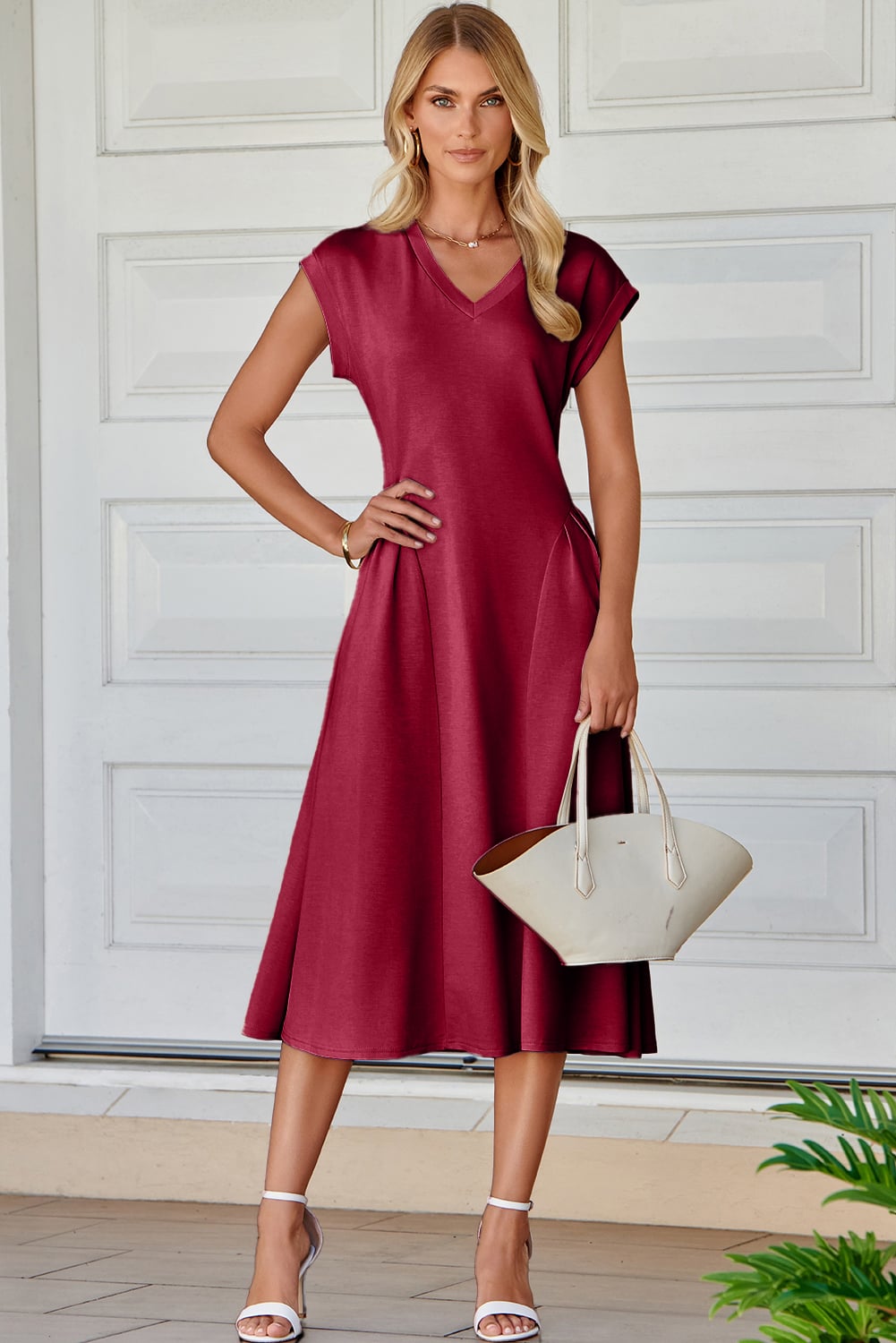 Red Dahlia Solid Color V Neck Pleated Flared Midi Dress
