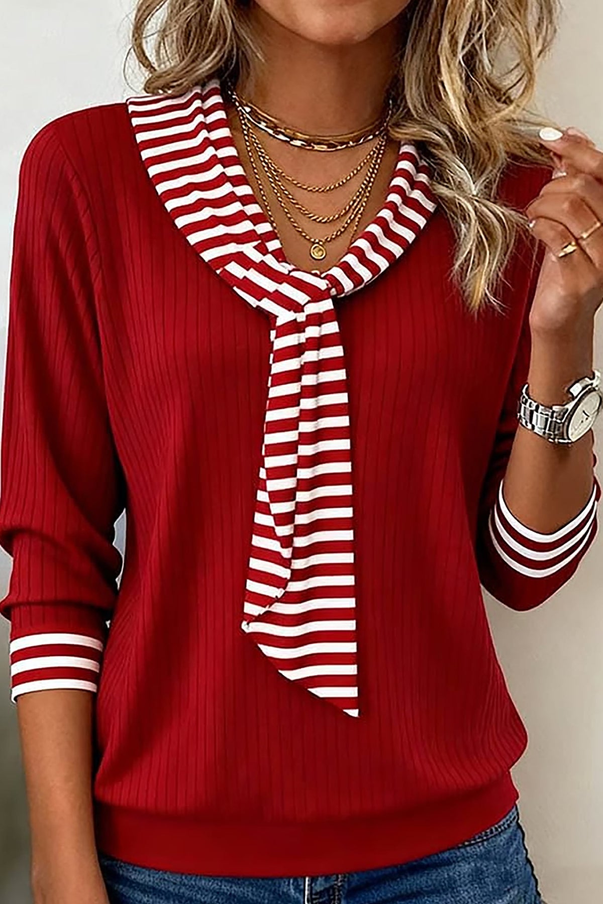 Red Dahlia Striped Contrast Tie Collar Cuffed Casual Long Sleeve Top