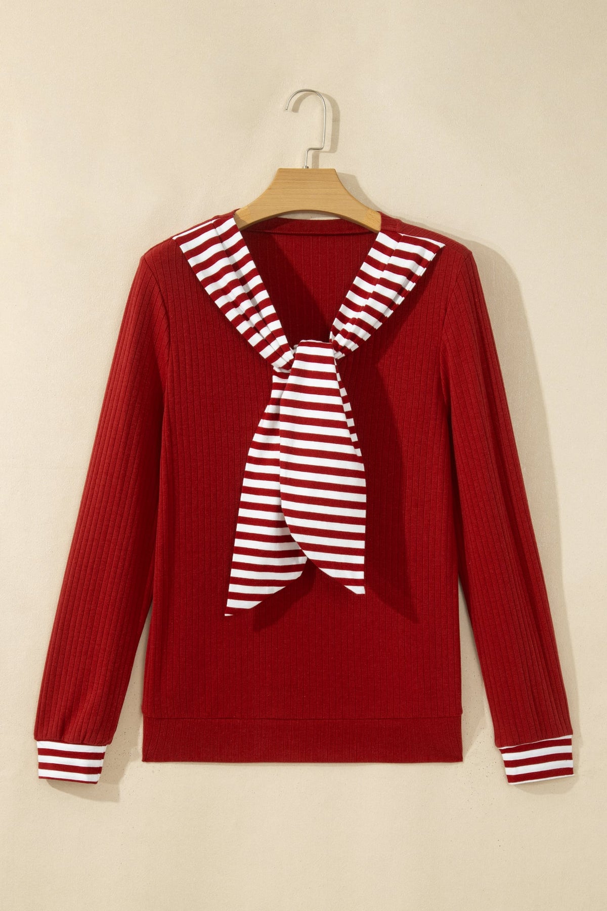 Red Dahlia Striped Contrast Tie Collar Cuffed Casual Long Sleeve Top