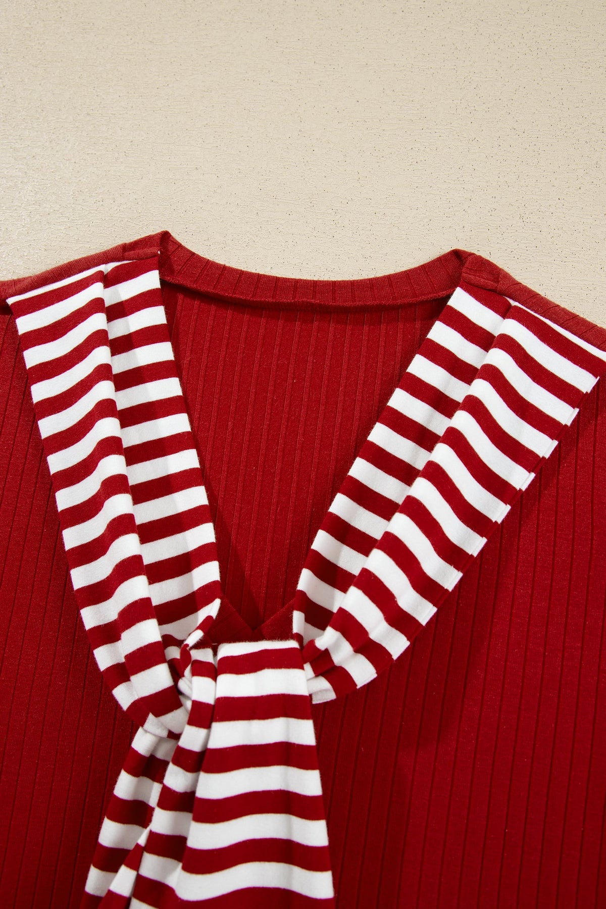 Red Dahlia Striped Contrast Tie Collar Cuffed Casual Long Sleeve Top