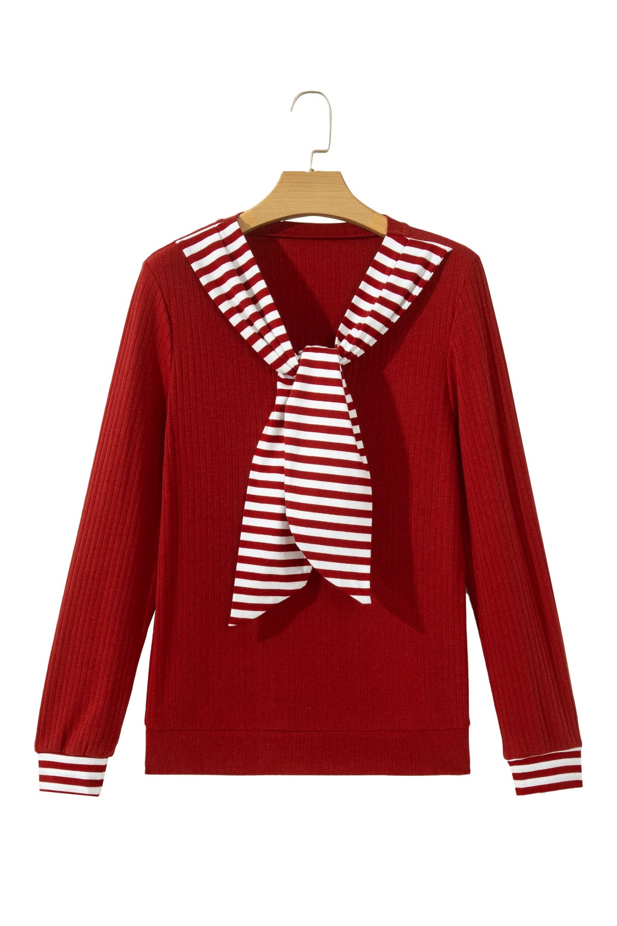 Red Dahlia Striped Contrast Tie Collar Cuffed Casual Long Sleeve Top