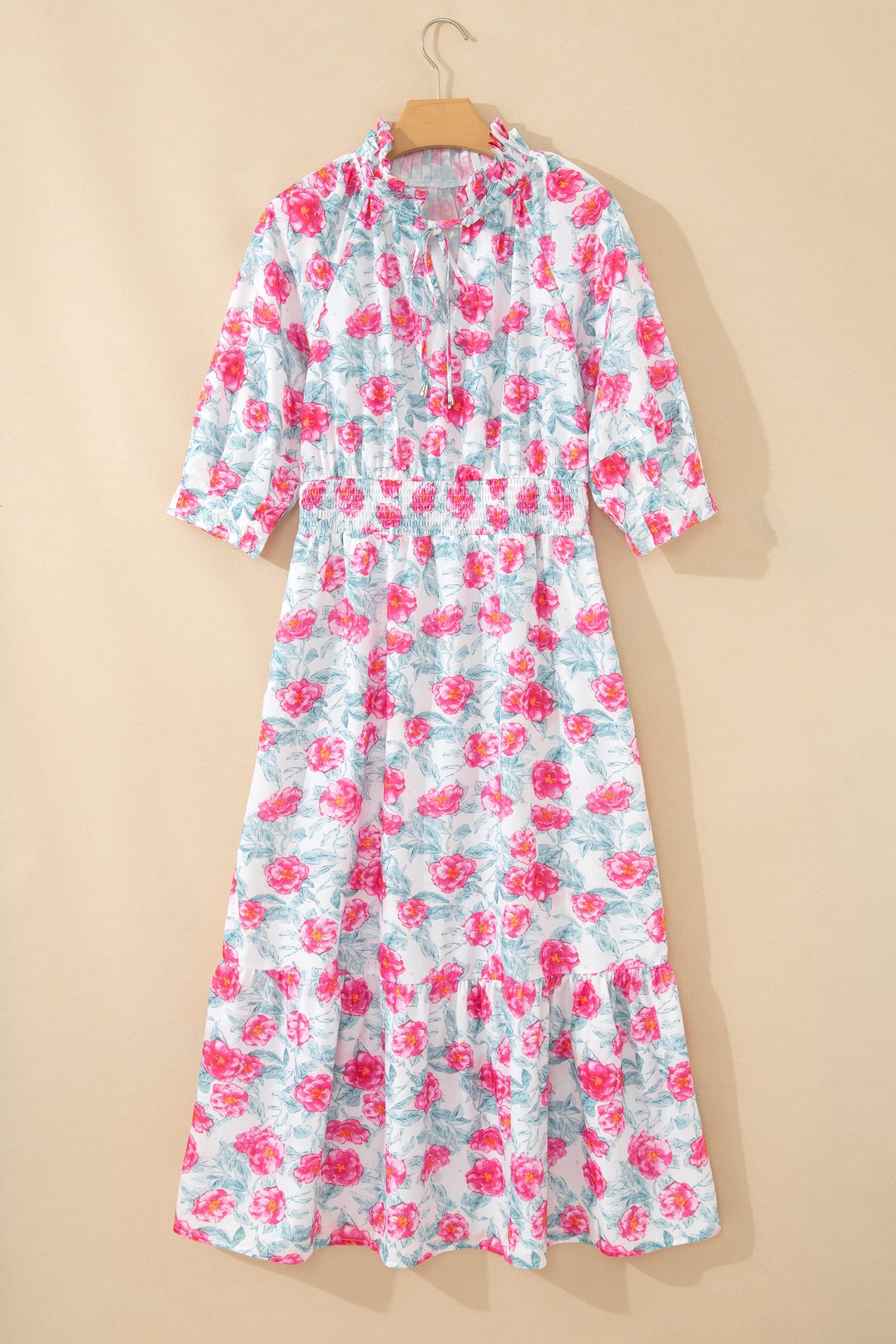 Red Elegant Floral Puff Sleeve Midi Dress