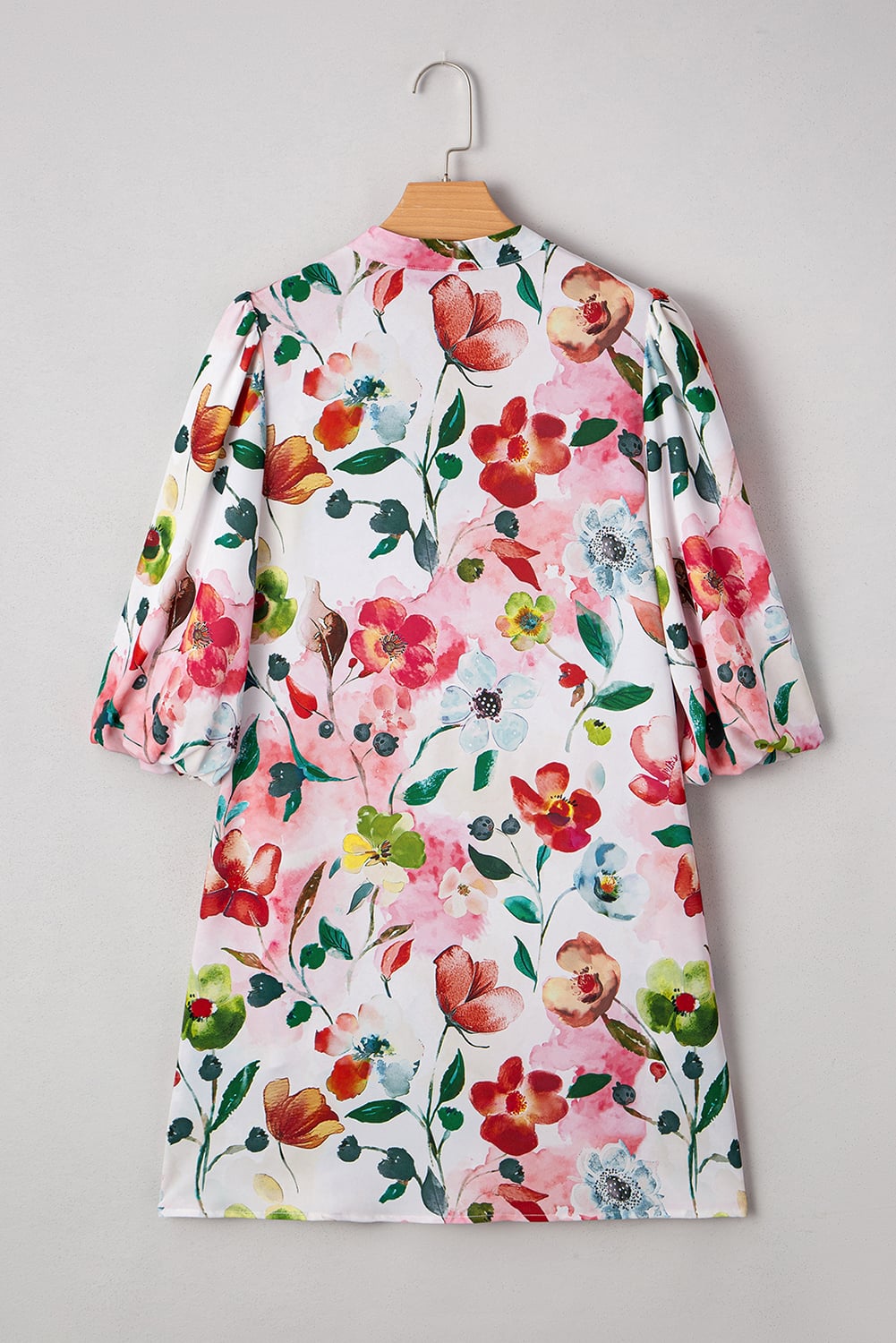 Red Floral Contrast Striped V Neck Puff Half Sleeve Shift Dress
