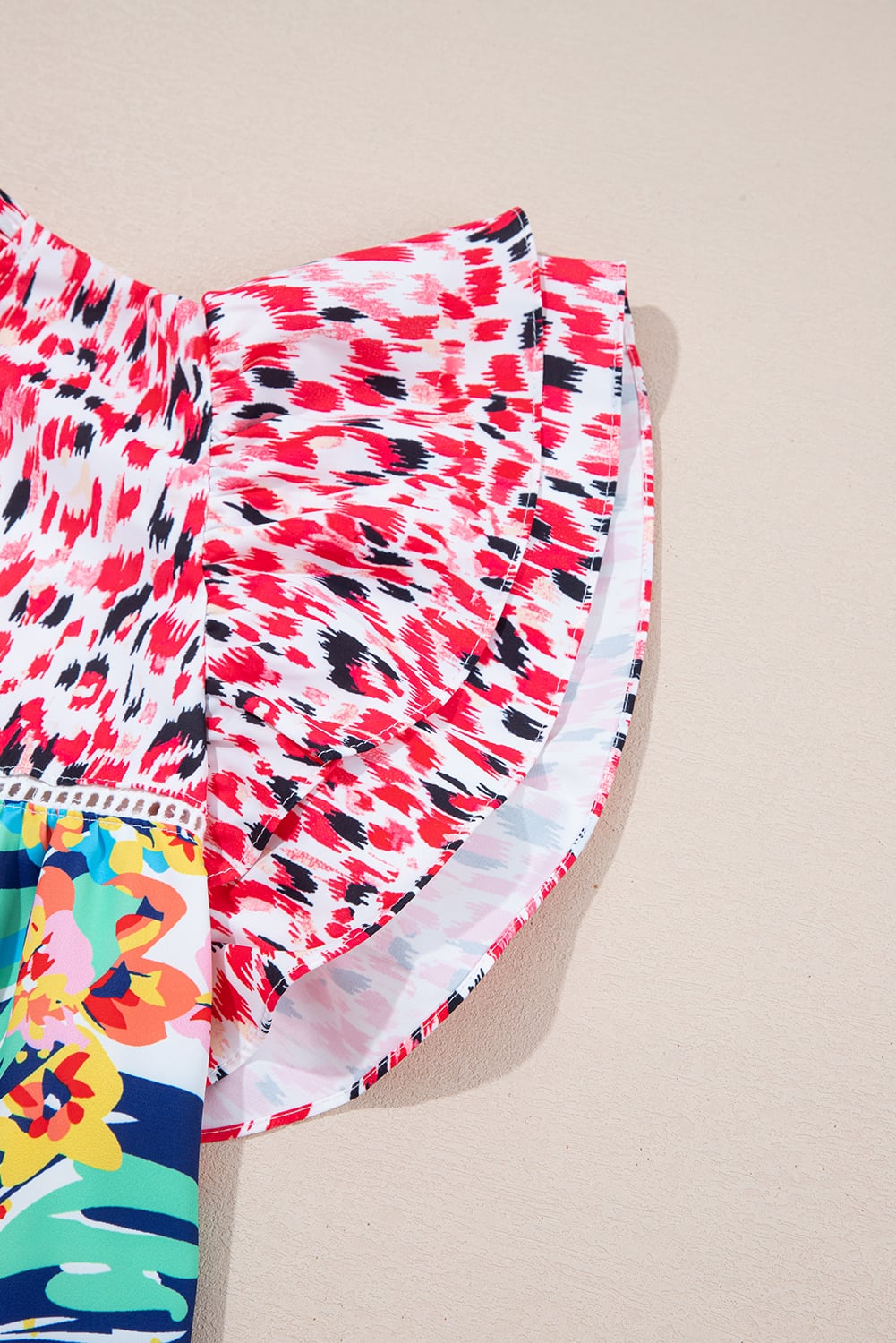 Red Floral Mixed Print Ruffle Cap Sleeve Blouse