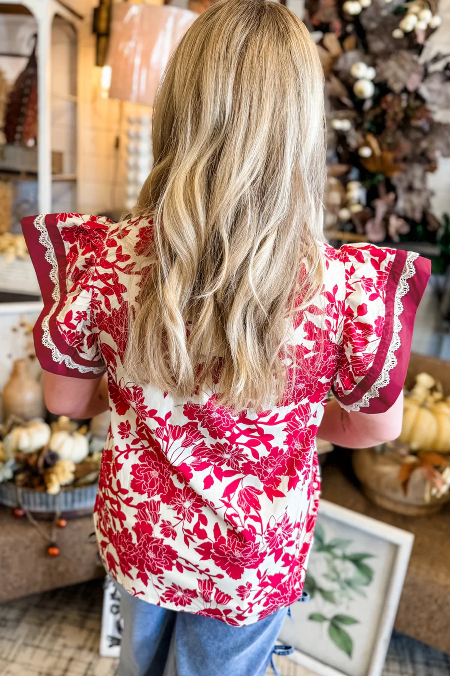 Red Floral Print Color Block Trim Lace Detail V Neck Flutter Sleeve Blouse