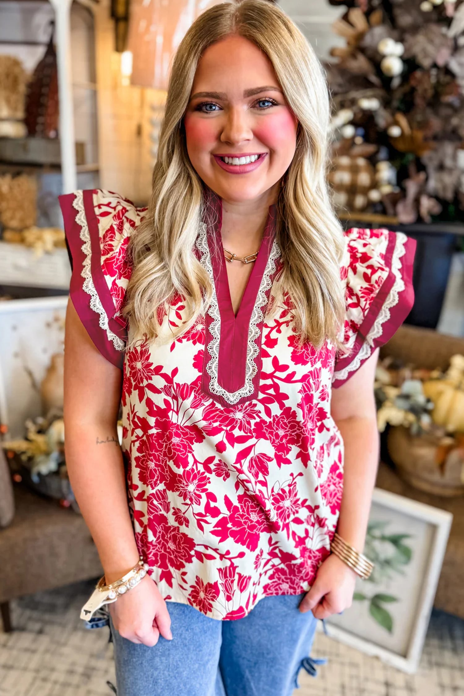 Red Floral Print Color Block Trim Lace Detail V Neck Flutter Sleeve Blouse