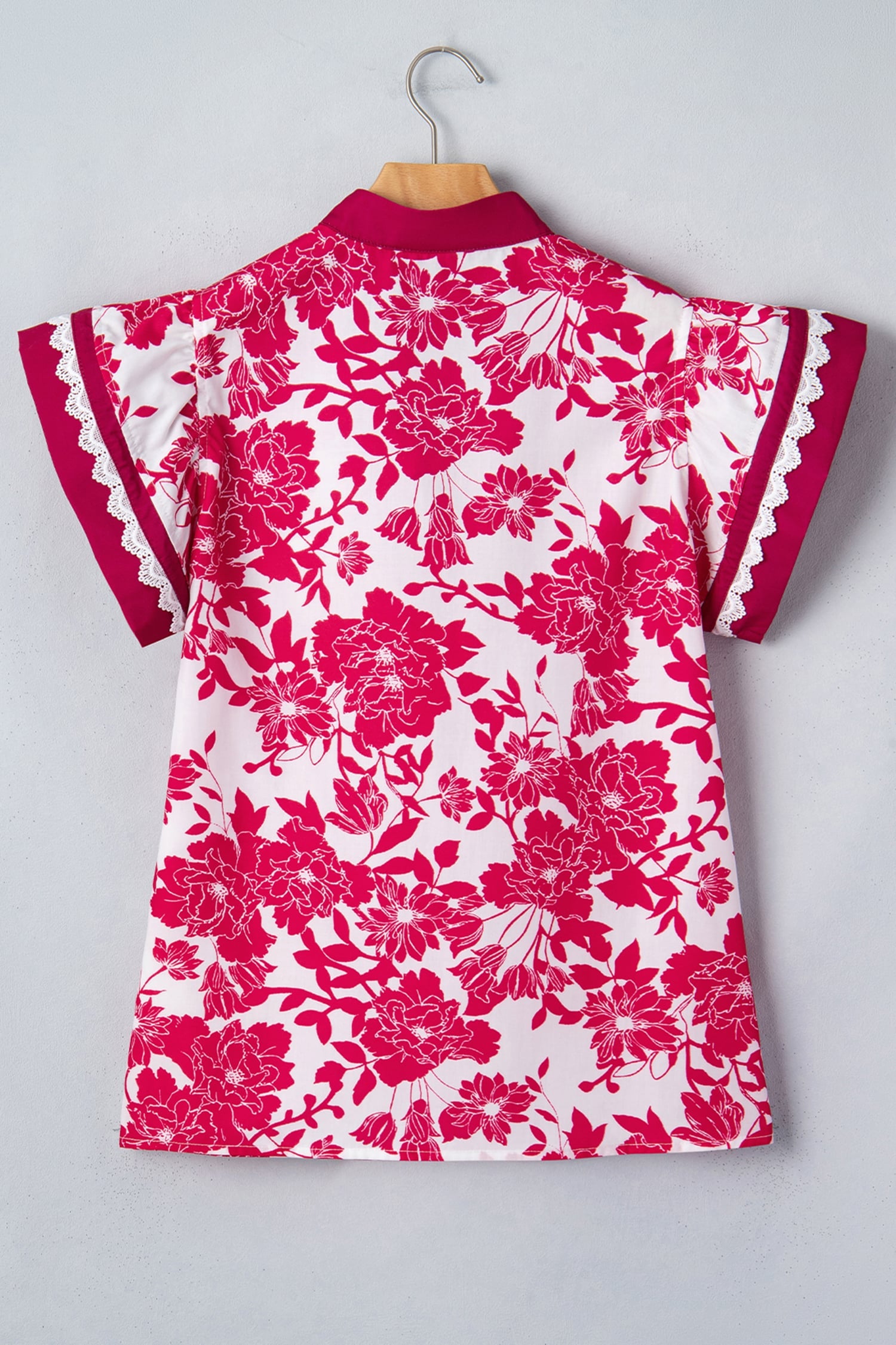 Red Floral Print Color Block Trim Lace Detail V Neck Flutter Sleeve Blouse