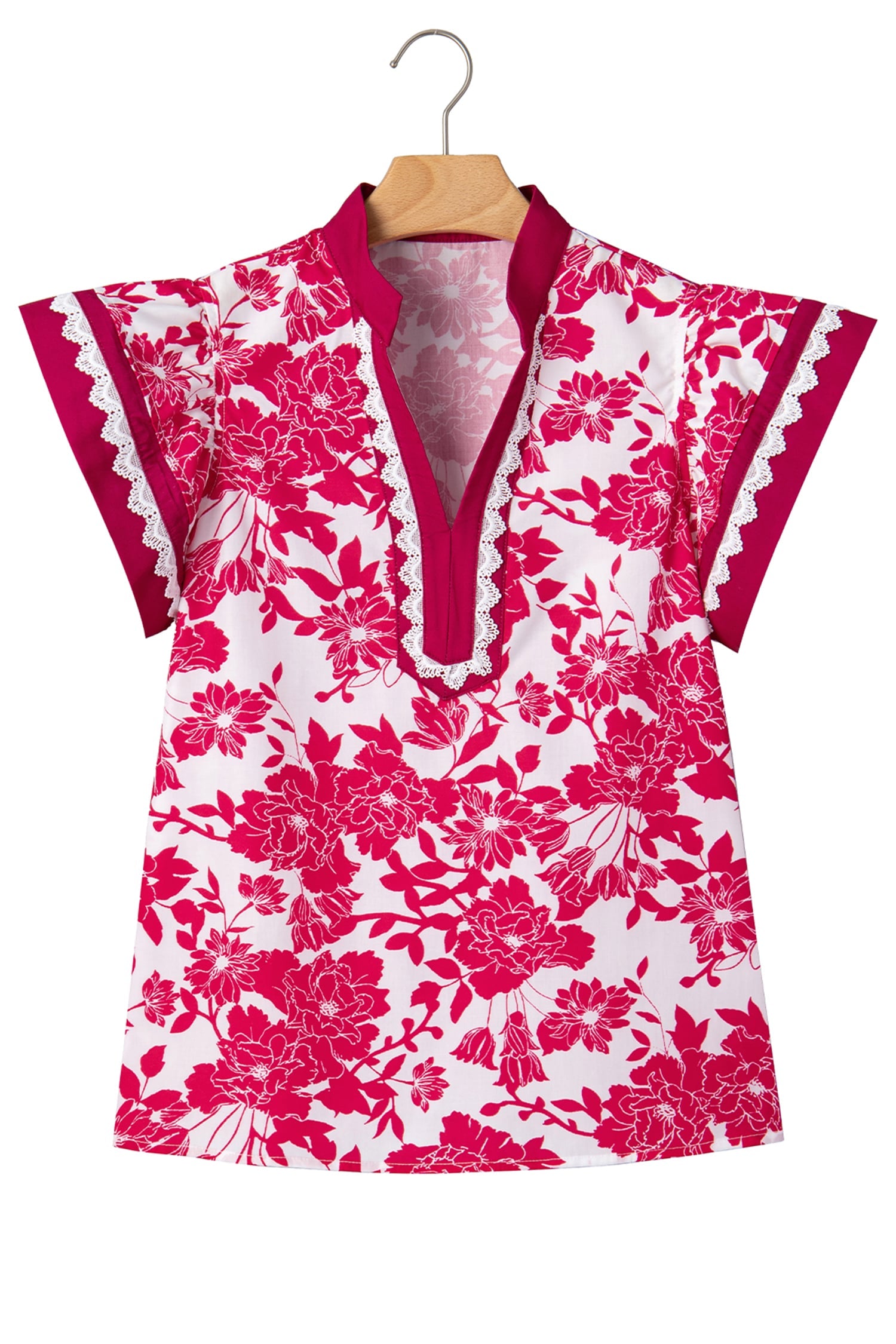 Red Floral Print Color Block Trim Lace Detail V Neck Flutter Sleeve Blouse