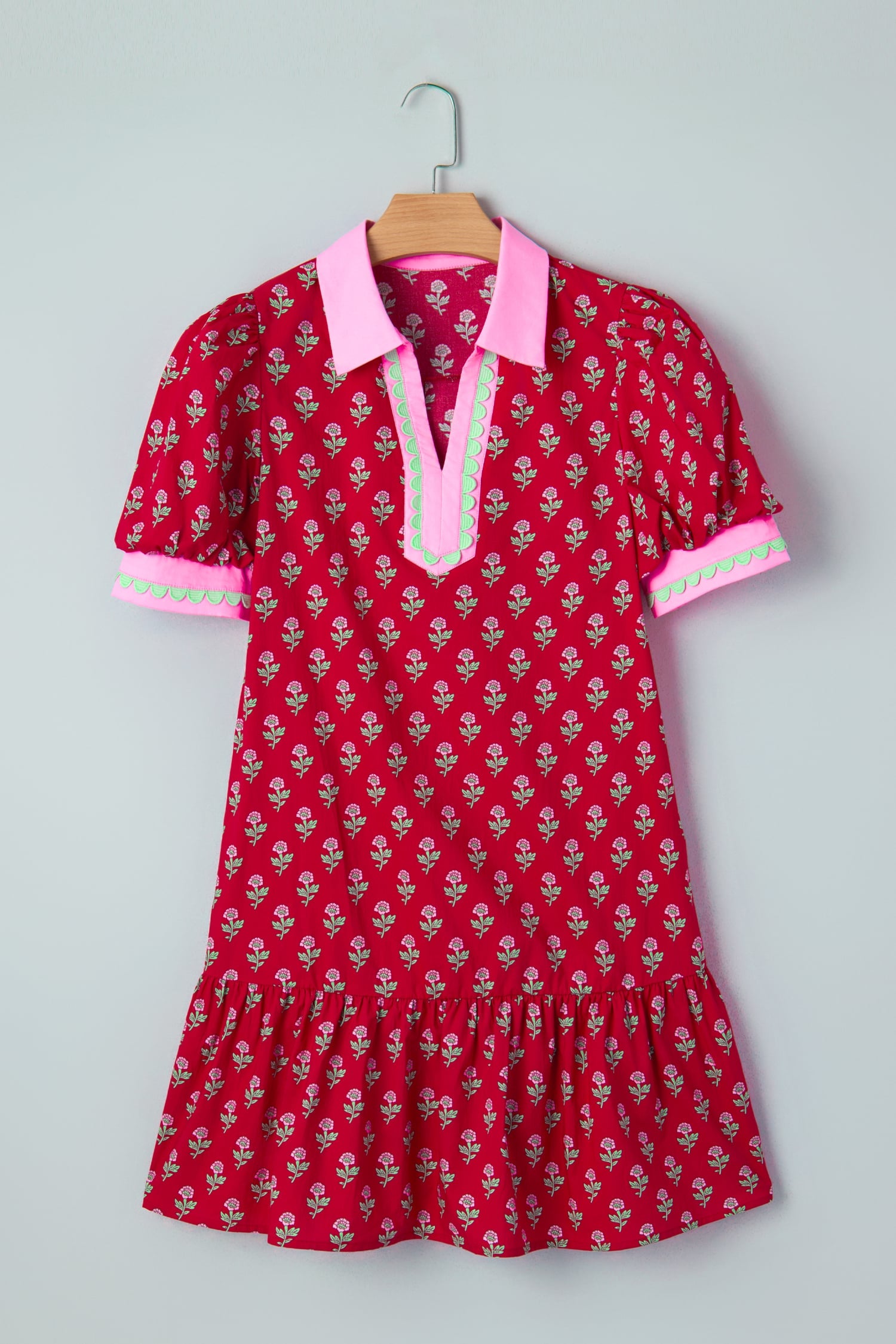 Red Floral Print Contrasted V Neck Short Bubble Sleeve Mini Dress