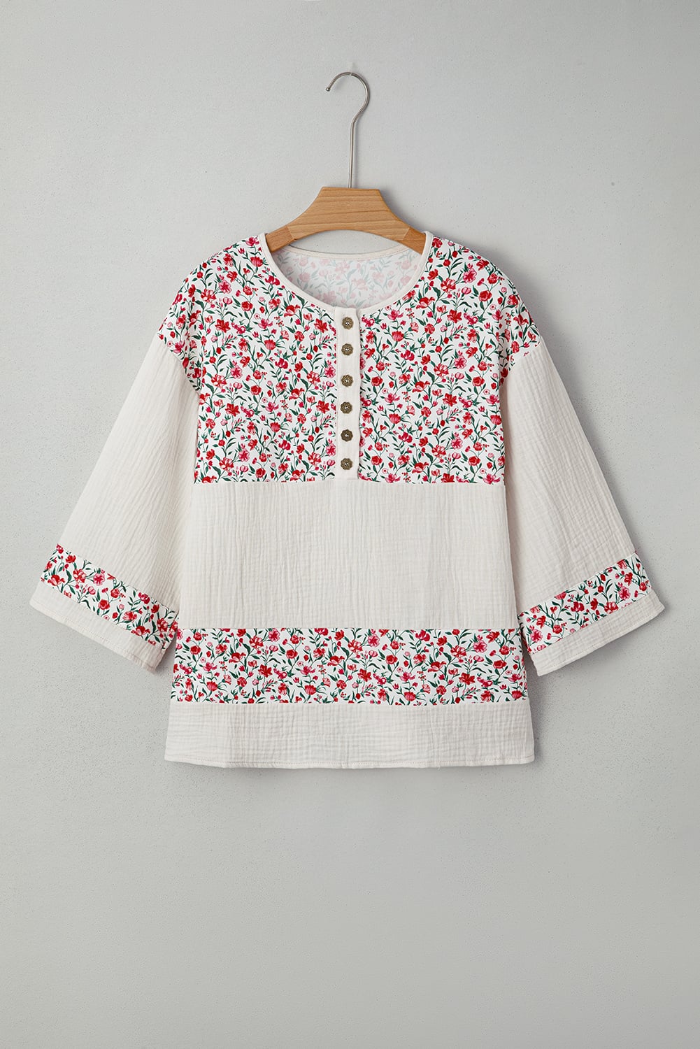 Red Floral Print Gauze Patchwork Henley Button 3/4 Sleeve Blouse