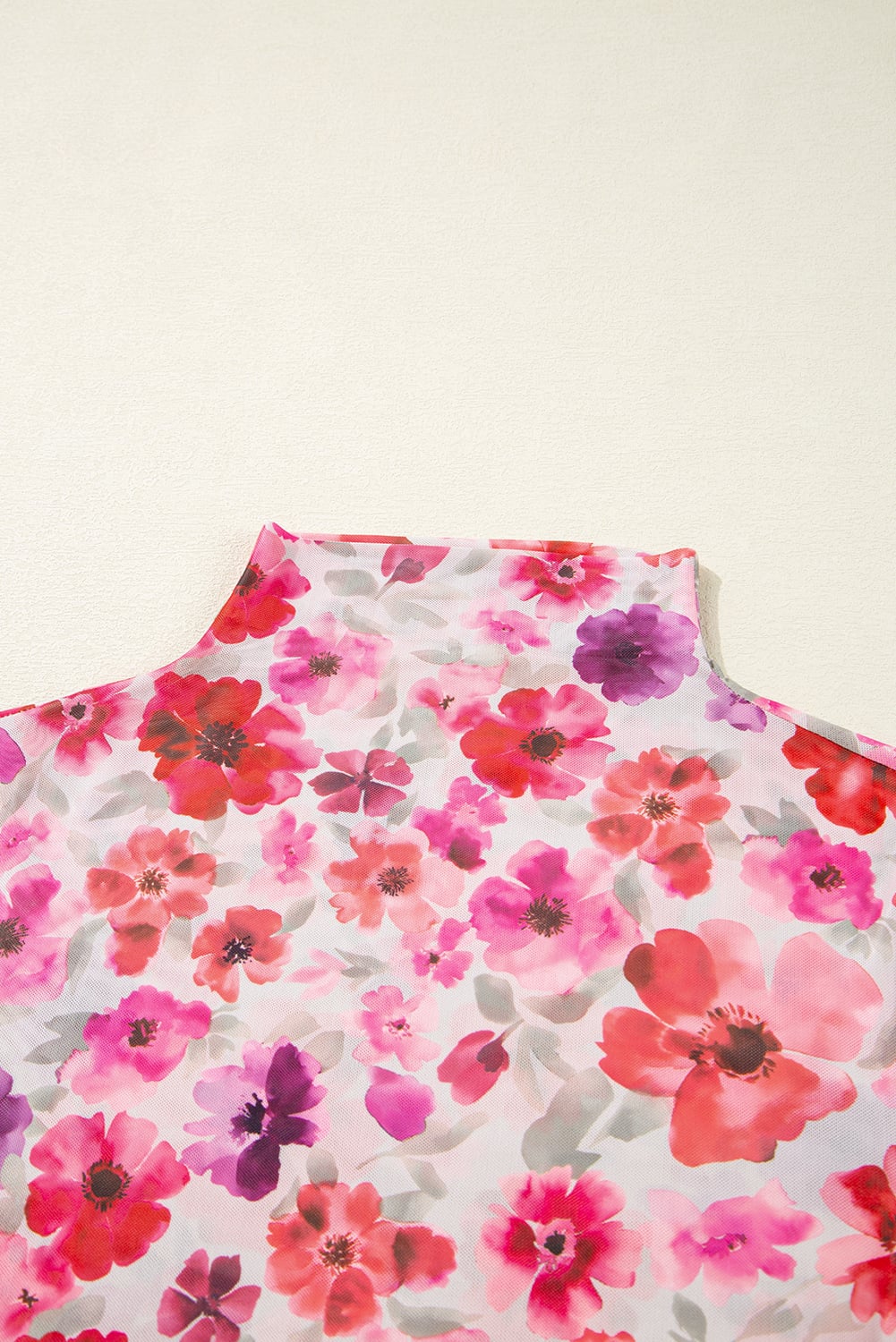 Red Floral Print Long Sleeve Slim Fit Mesh Top