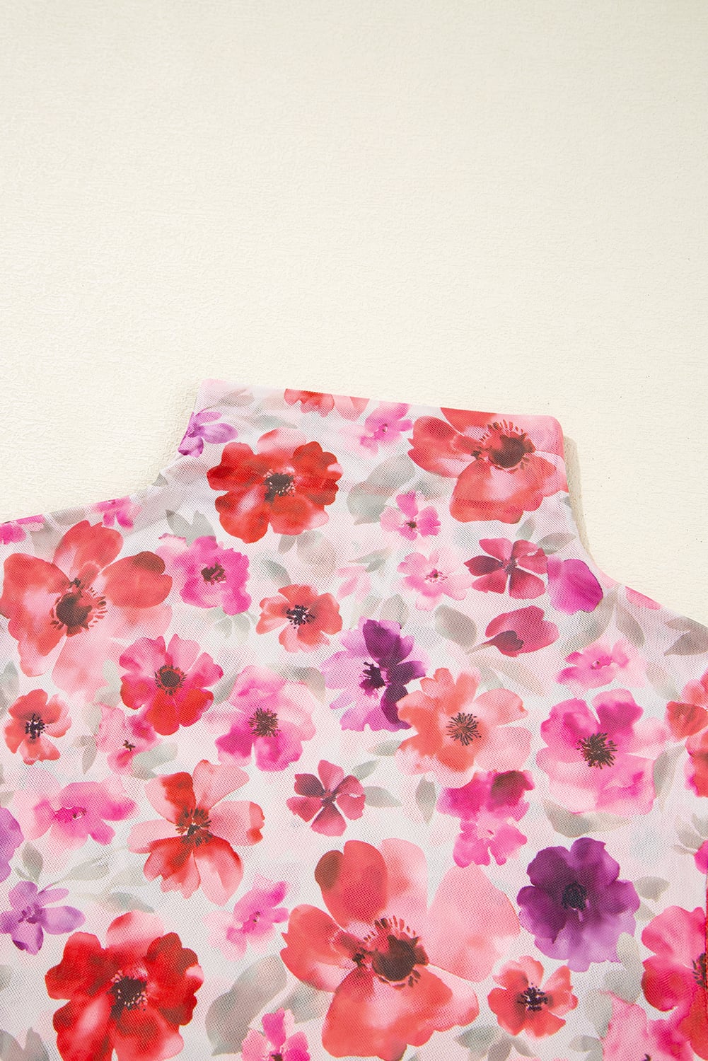Red Floral Print Long Sleeve Slim Fit Mesh Top