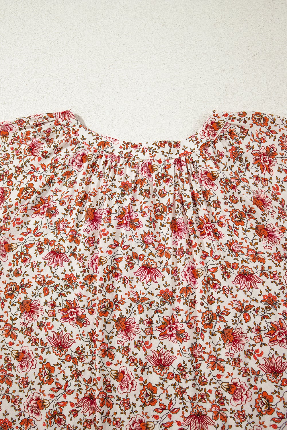 Red Floral Print Pleated Detail Notched Neck Puff Sleeve Blouse