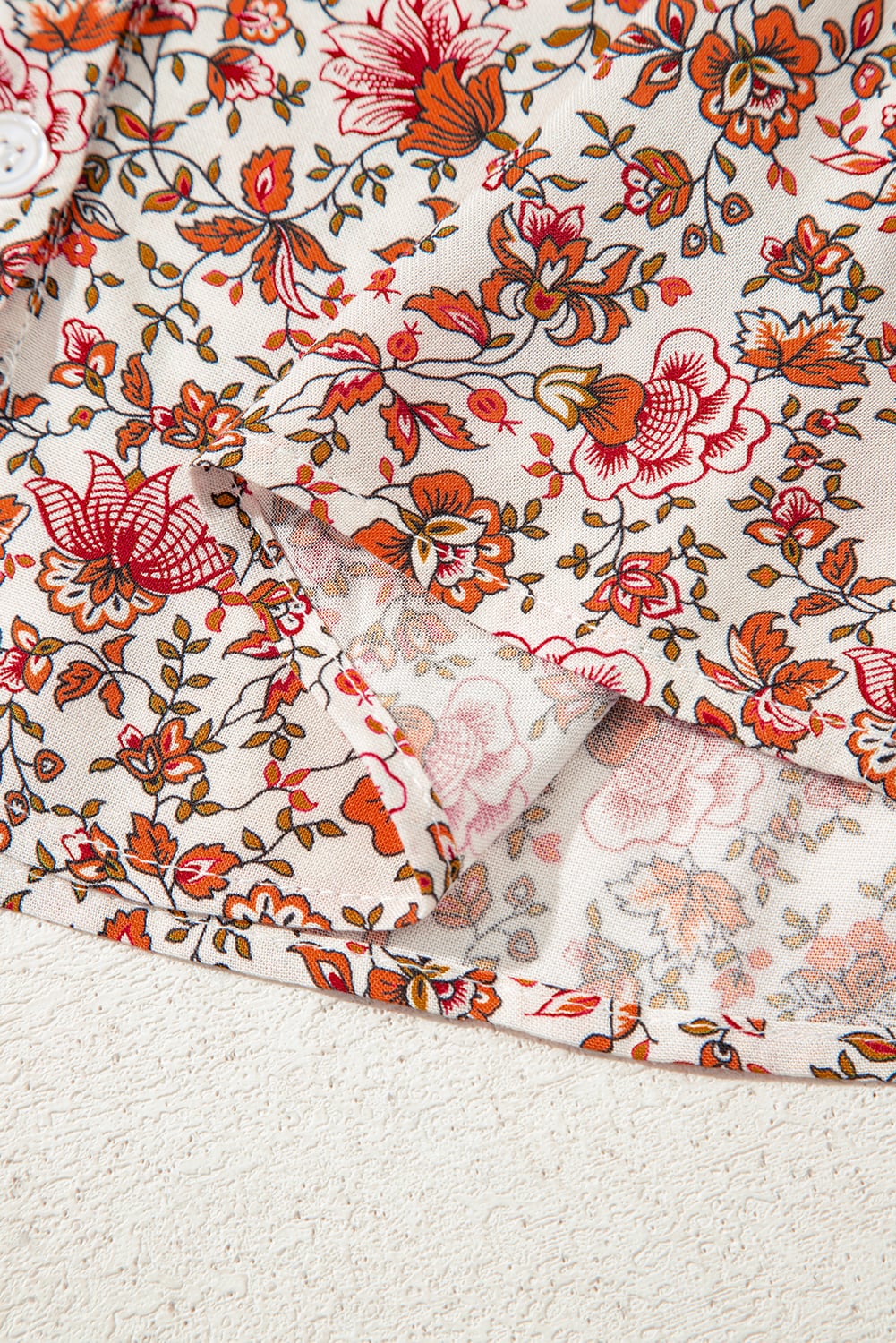 Red Floral Print Pleated Detail Notched Neck Puff Sleeve Blouse