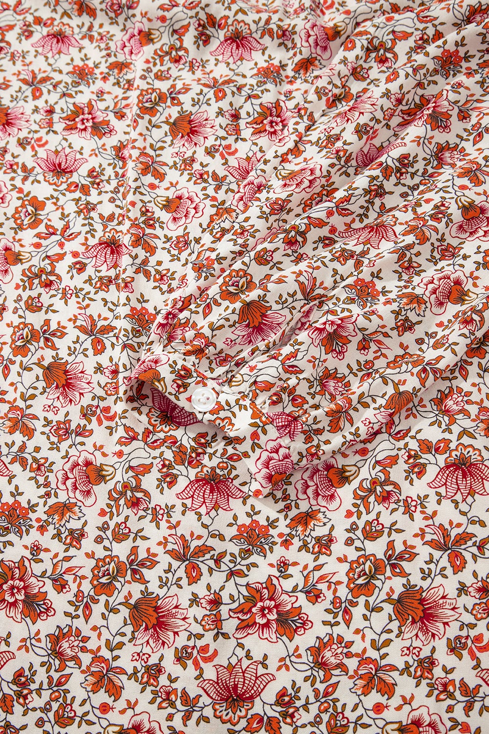 Red Floral Print Pleated Detail Notched Neck Puff Sleeve Blouse