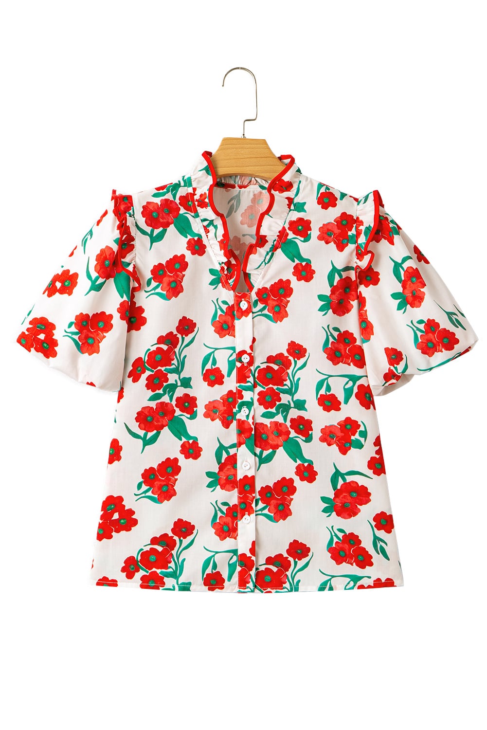 Red Floral Print Ruffled Puff Sleeve Elegant Summer Shirt