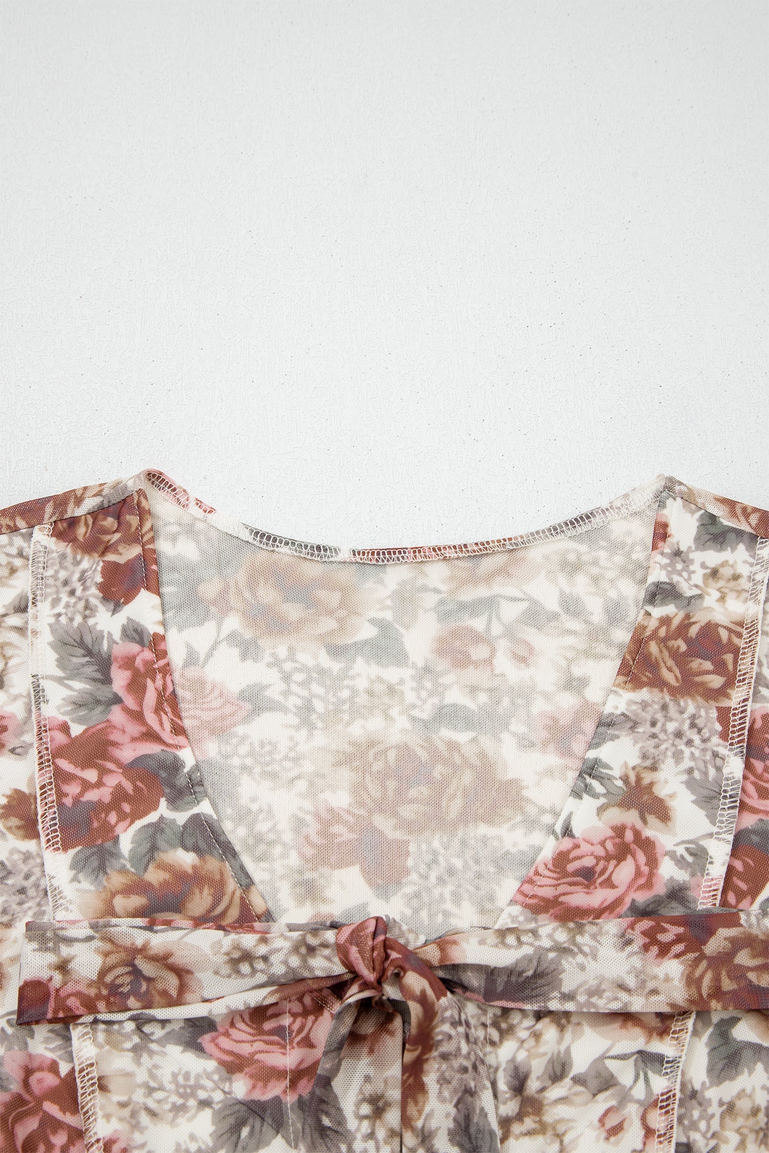 Red Floral Print Stitched Detail Tie V Neck Long Bell Sleeve Blouse