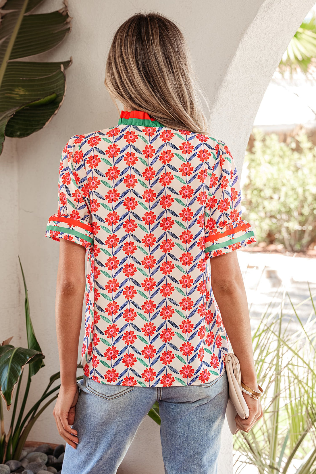 Red Floral Print Striped Detail V Neck Ruffled Short Sleeve Blouse
