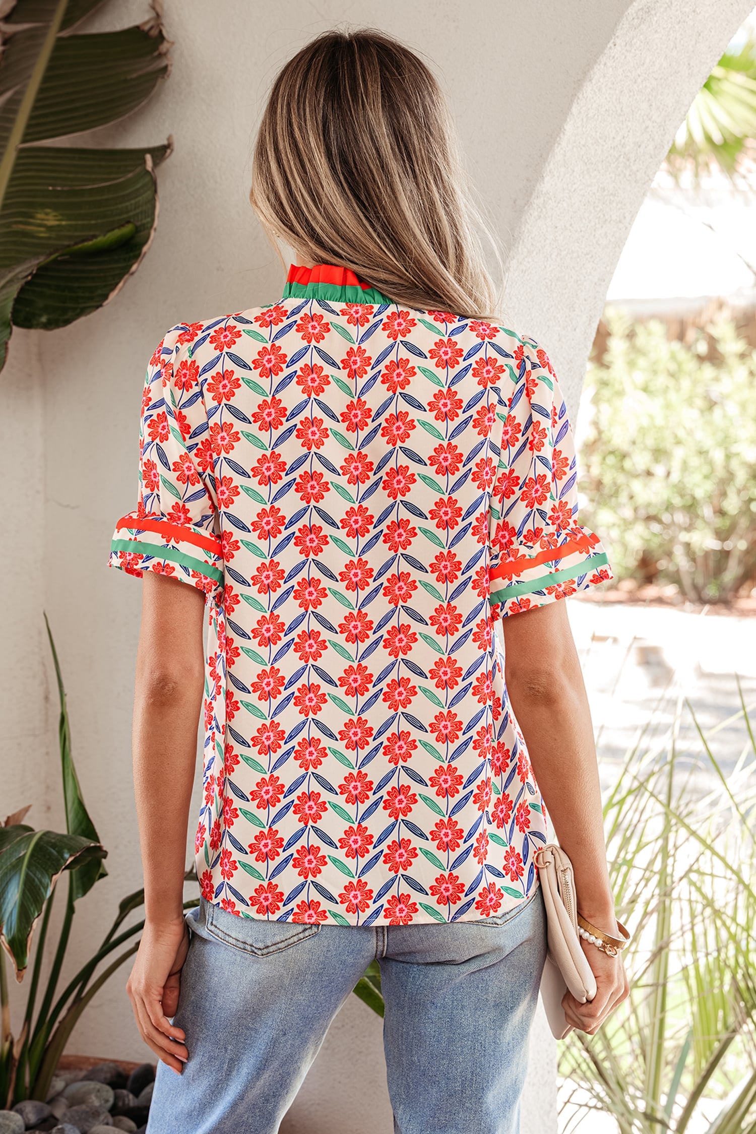 Red Floral Print Striped Detail V Neck Ruffled Short Sleeve Blouse