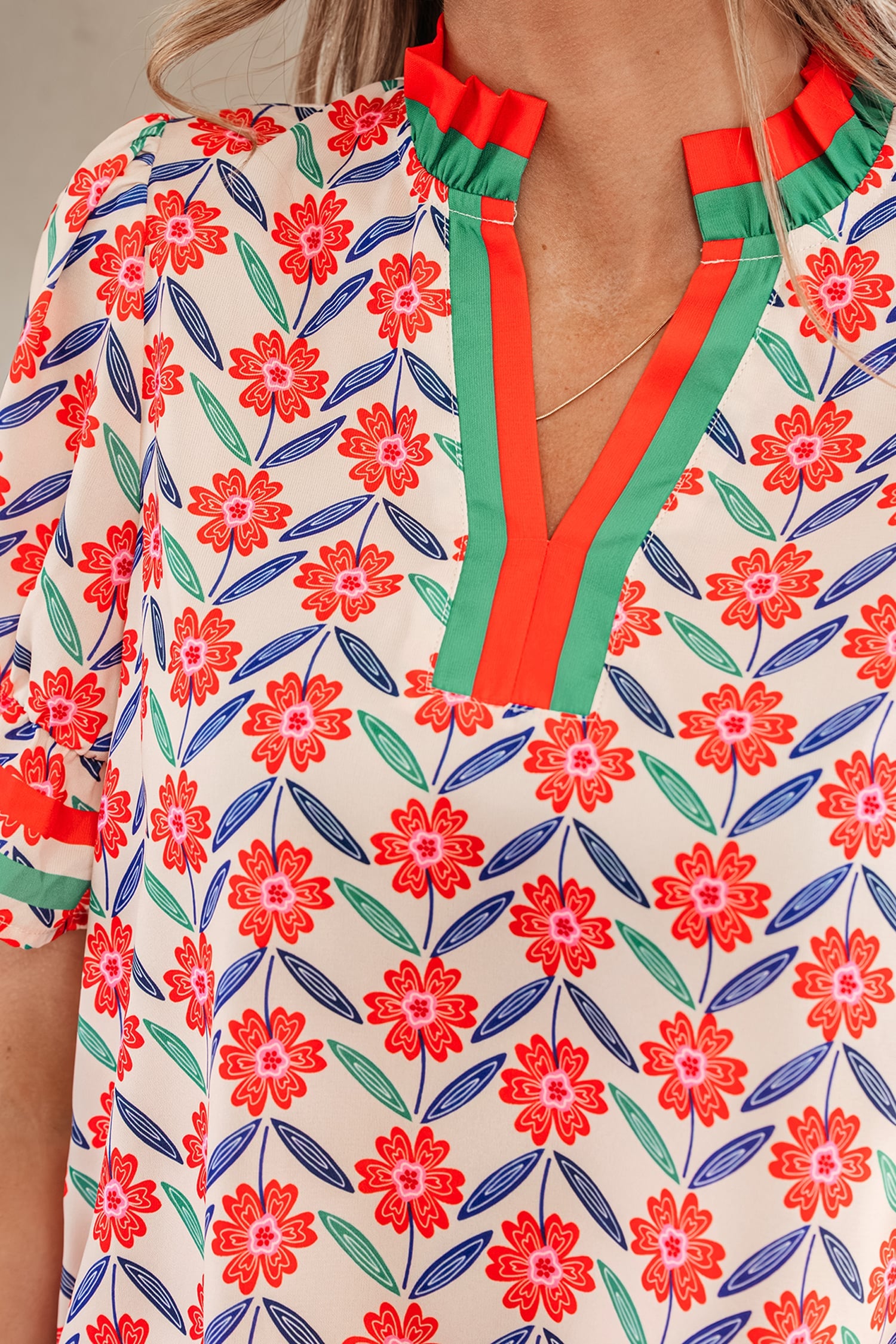 Red Floral Print Striped Detail V Neck Ruffled Short Sleeve Blouse