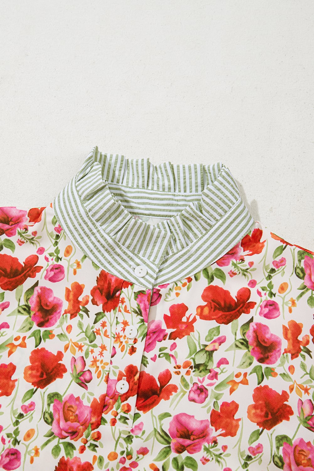 Red Floral Print Striped Patchwork Collared Short Sleeve Blouse
