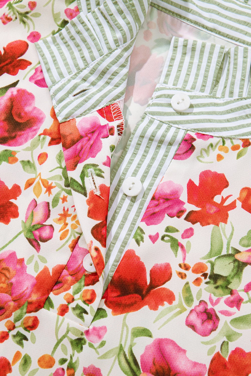 Red Floral Print Striped Patchwork Collared Short Sleeve Blouse