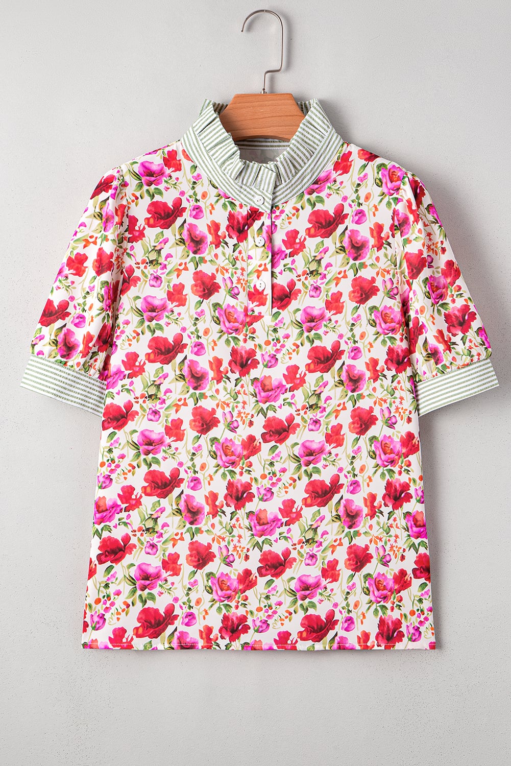 Red Floral Print Striped Patchwork Collared Short Sleeve Blouse