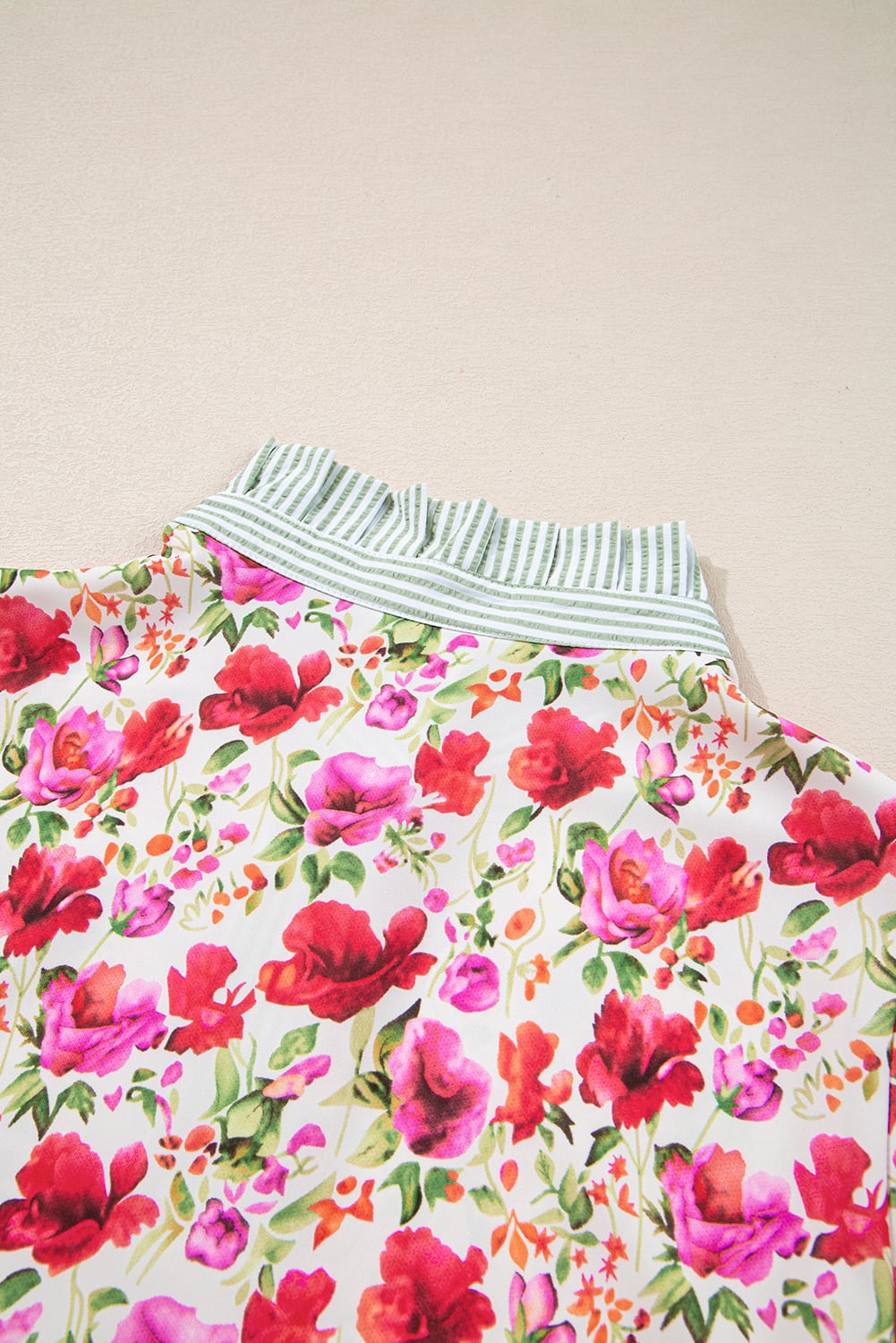 Red Floral Print Striped Patchwork Collared Short Sleeve Blouse