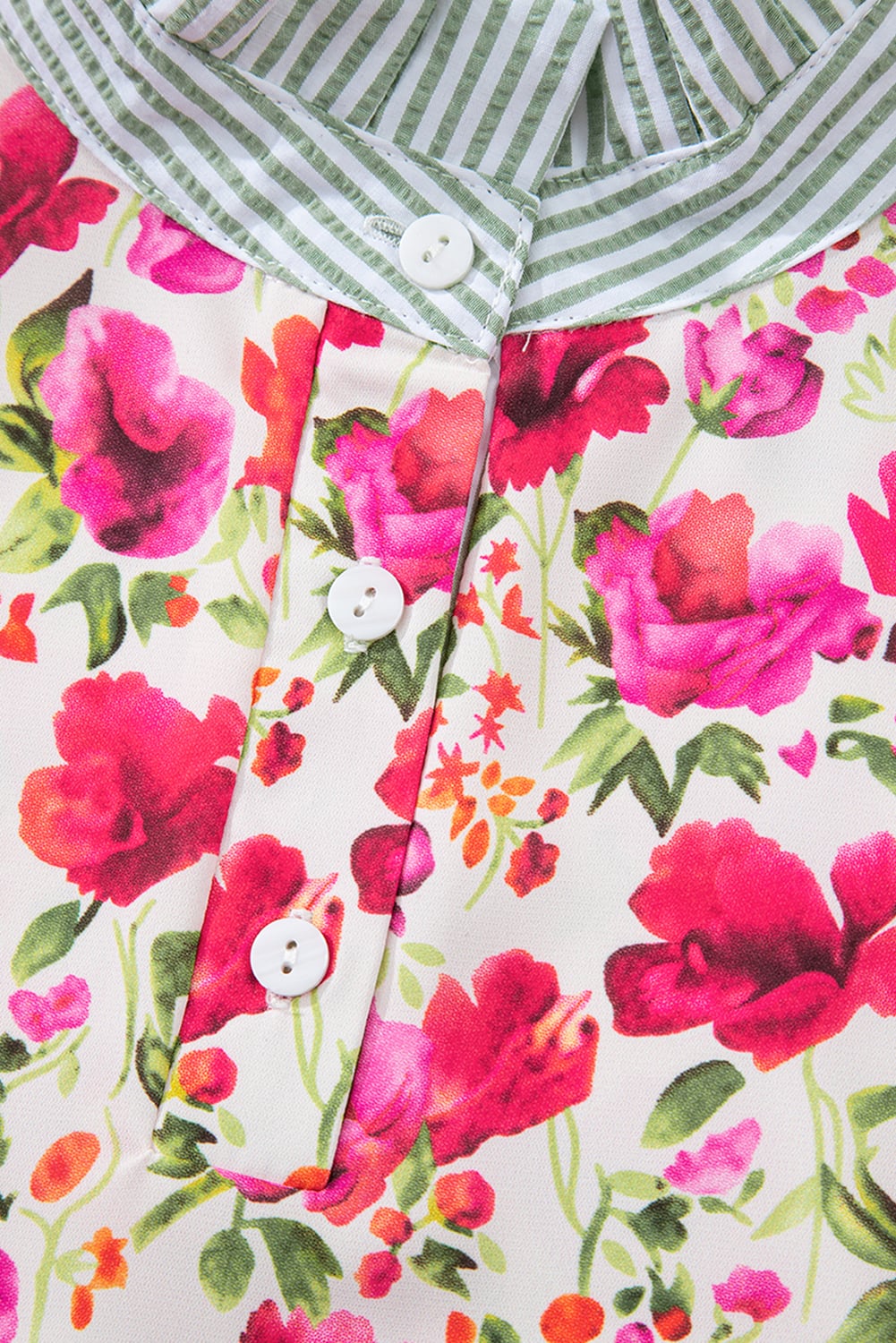 Red Floral Print Striped Patchwork Collared Short Sleeve Blouse