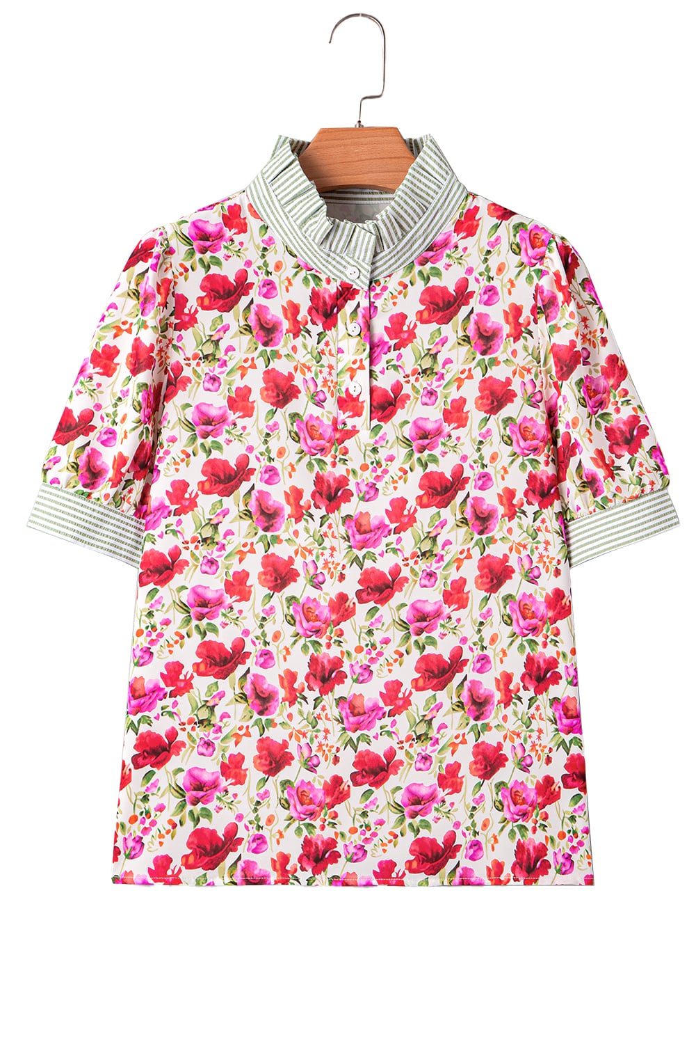 Red Floral Print Striped Patchwork Collared Short Sleeve Blouse