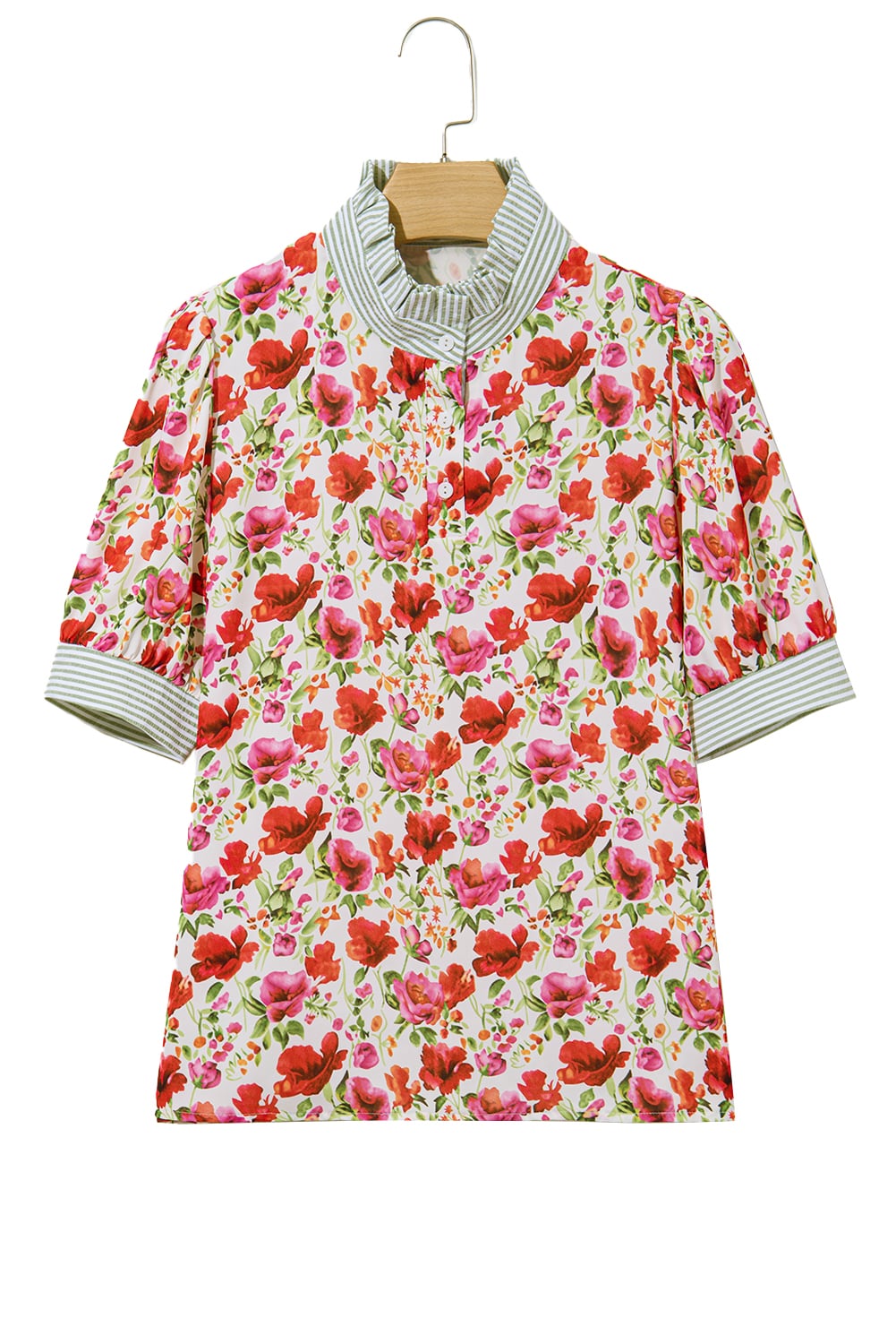 Red Floral Print Striped Patchwork Collared Short Sleeve Blouse
