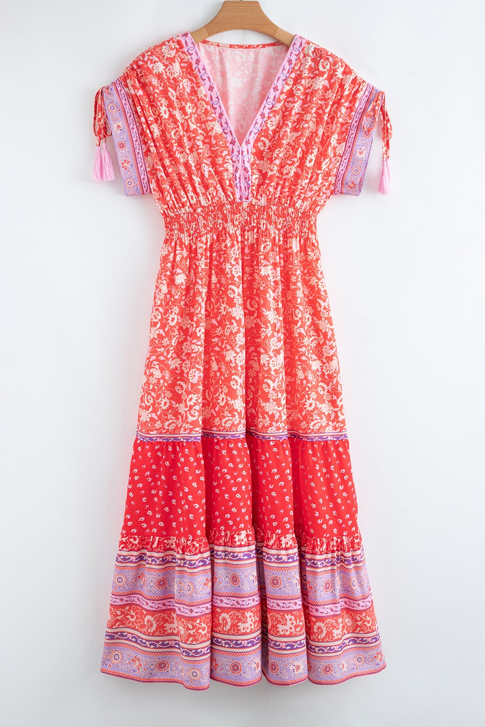 Red Floral Print Tasseled Tied Sleeve Empire Waist Maxi Dress
