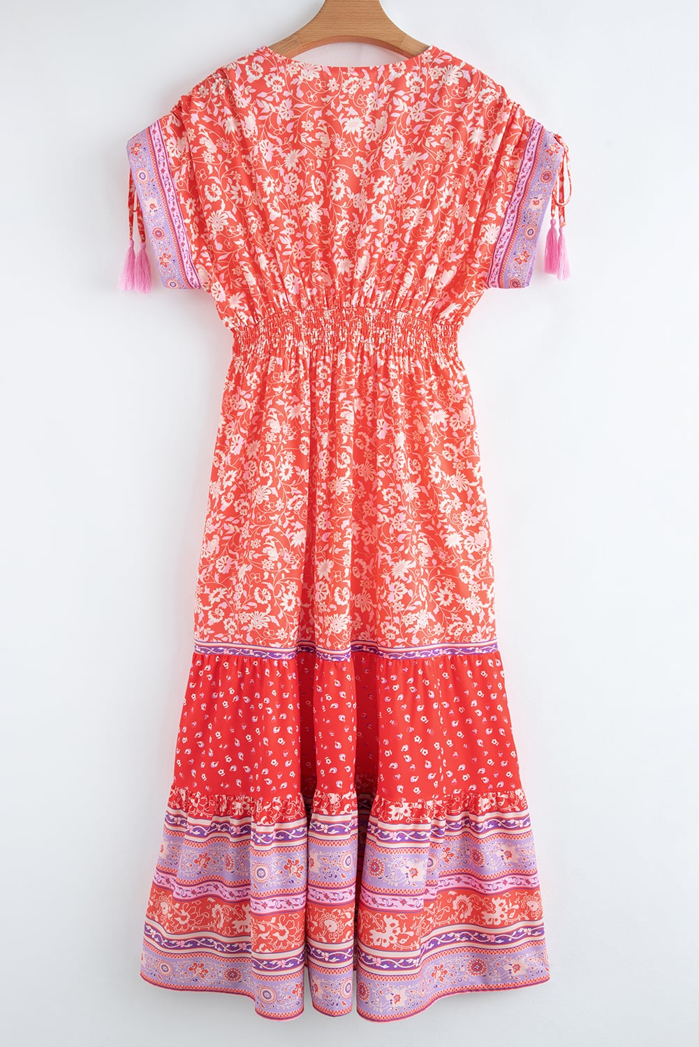 Red Floral Print Tasseled Tied Sleeve Empire Waist Maxi Dress